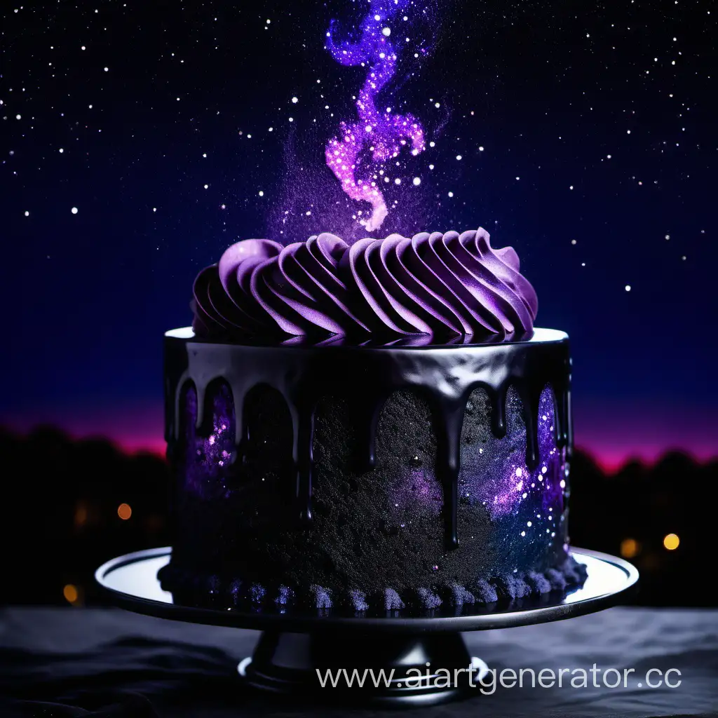Elegant-Black-Cake-with-Purple-Shimmer-Under-Starry-Night-Sky
