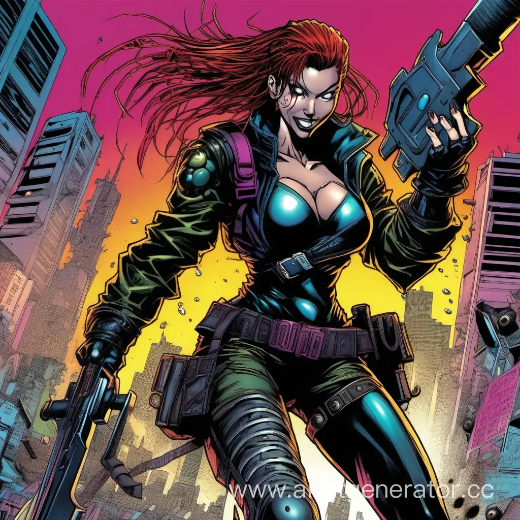 90s comics art, attack move, full height figure, cyberpunk, female fighter, black armor, shotgun, hand axe, slender, crazy smile, aggressive, colored