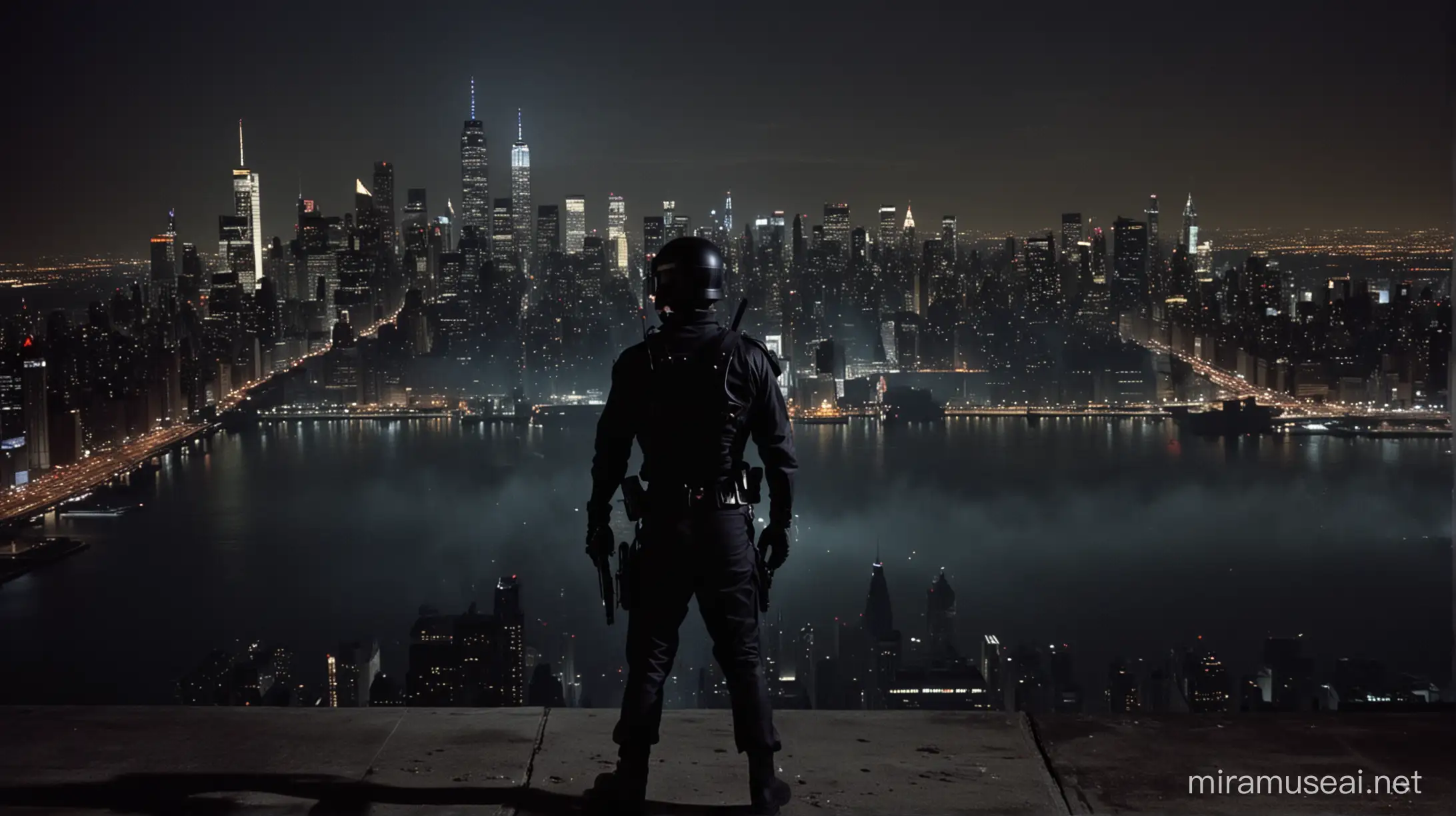cinematic still, escape from new york, film by john carpenter, night, high concrete wall, armed guard in black police armour standing on top, manhatten skyline, helecopter overhead