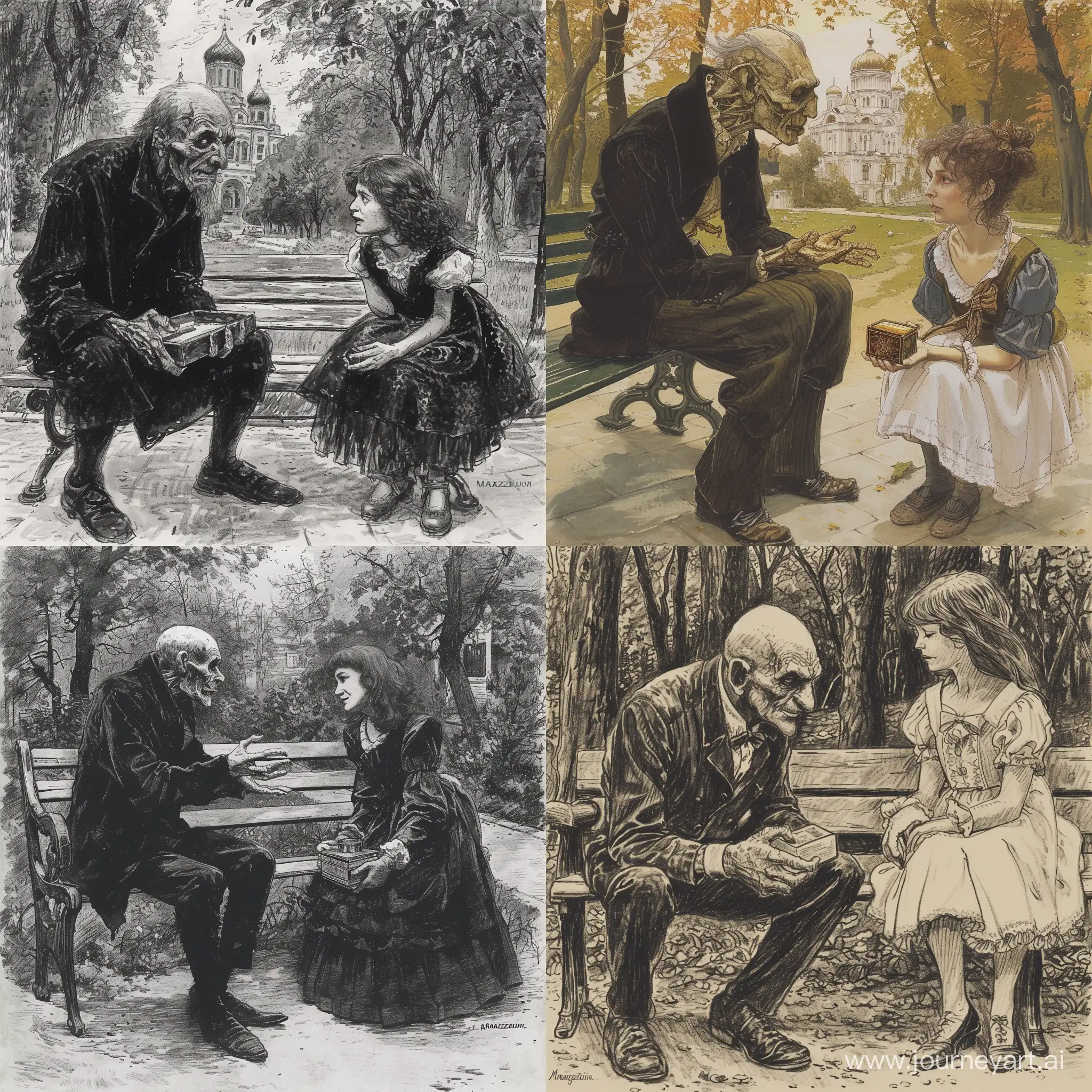 The creepy face of Azazello in Moscow on a bench at the beginning of the twentieth century, he talks to a sweet and noble girl Margarita, hands over a small box with a magic witch’s ointment. Margarita is young and beautiful. Illustration for Mikhail Bulgakov's novel The Master and Margarita.