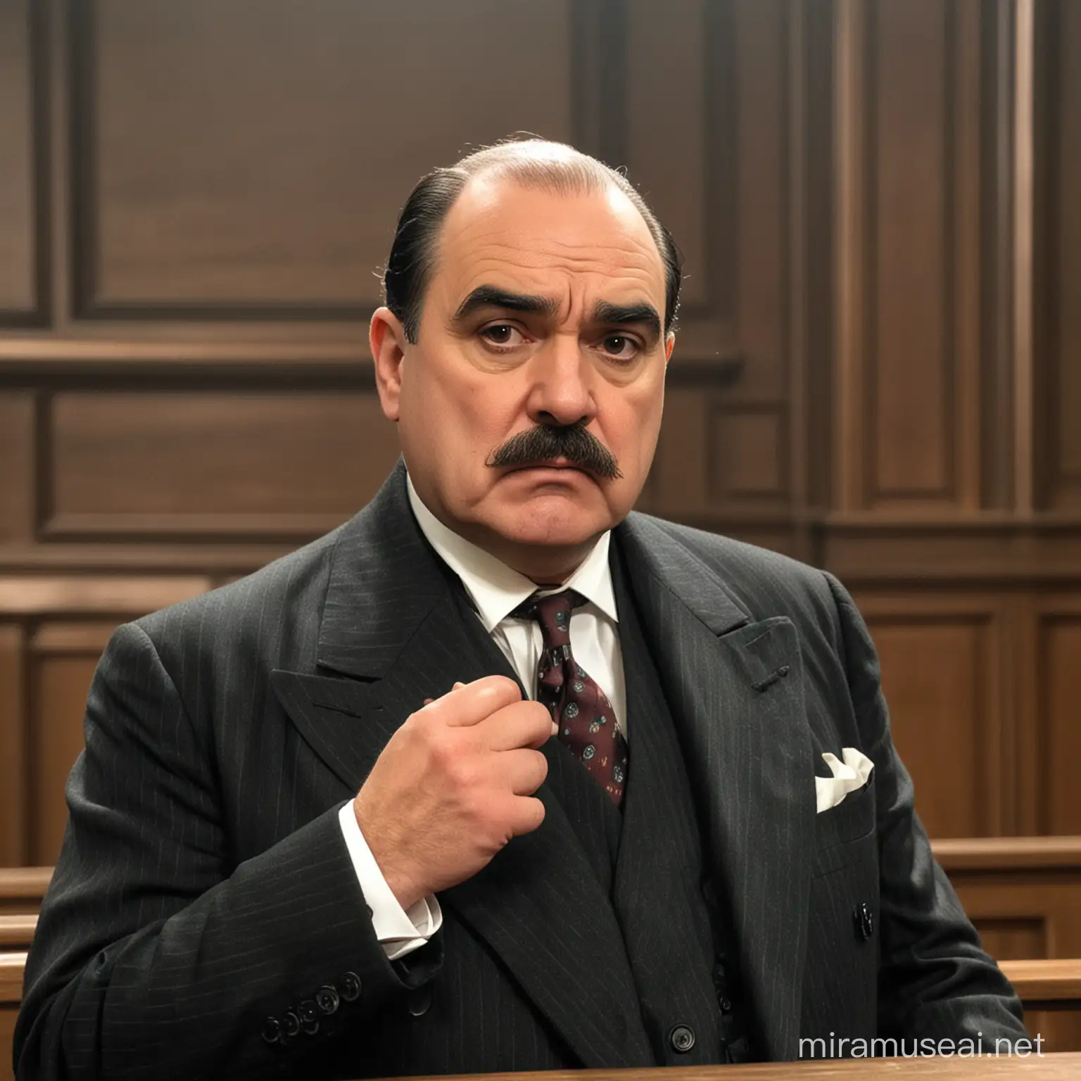 Mournful Inspector Poirot in a Courtroom Setting