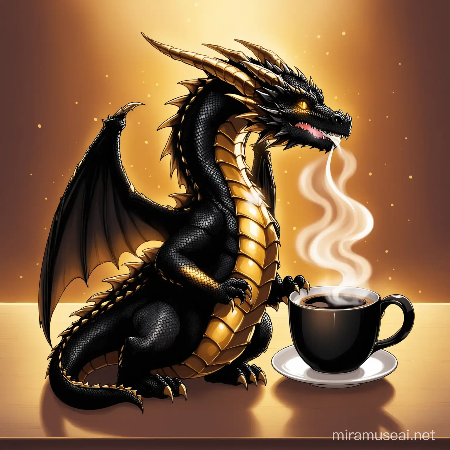 a little black and gold dragon warms a coffee cup with his breath