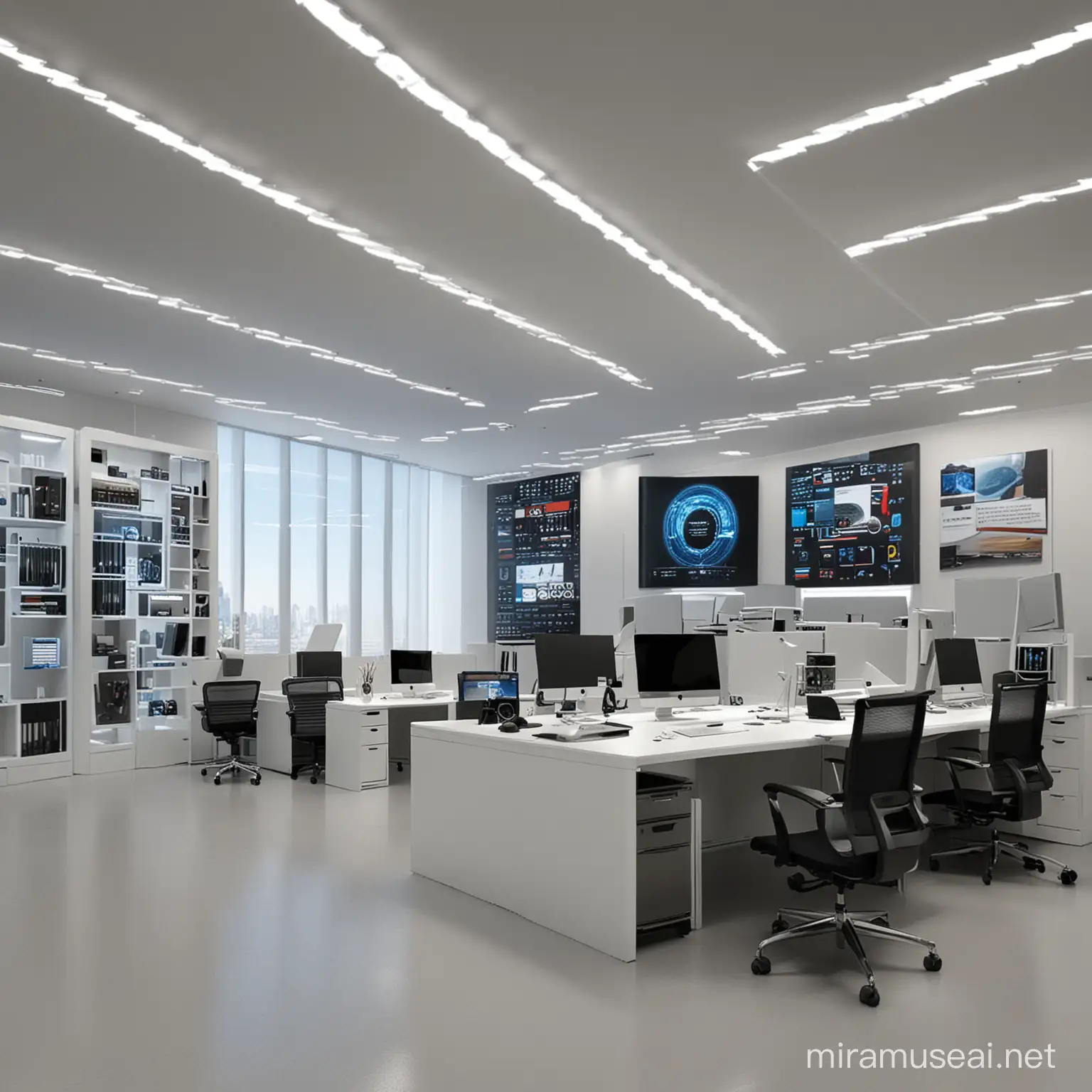 Dynamic HighTech Office Workspace with Futuristic Technology