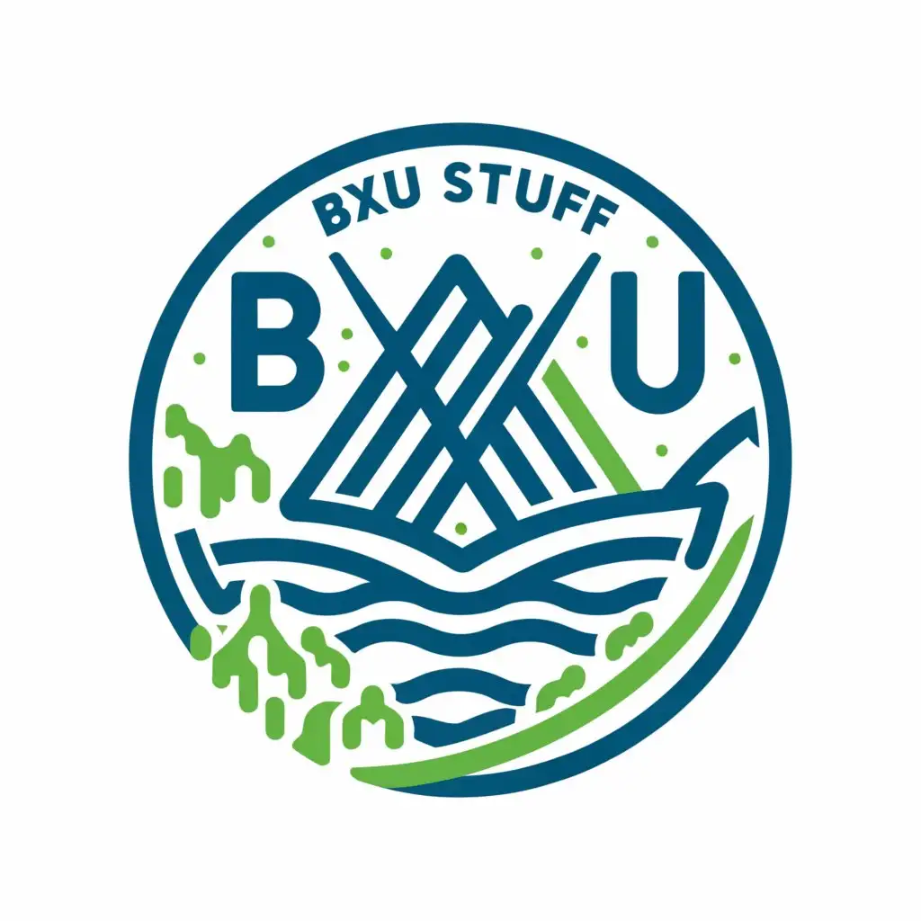 a logo design,with the text "BXU STUFF", main symbol:Mountain,nature ,sea, bridge ,happy people,complex,clear background