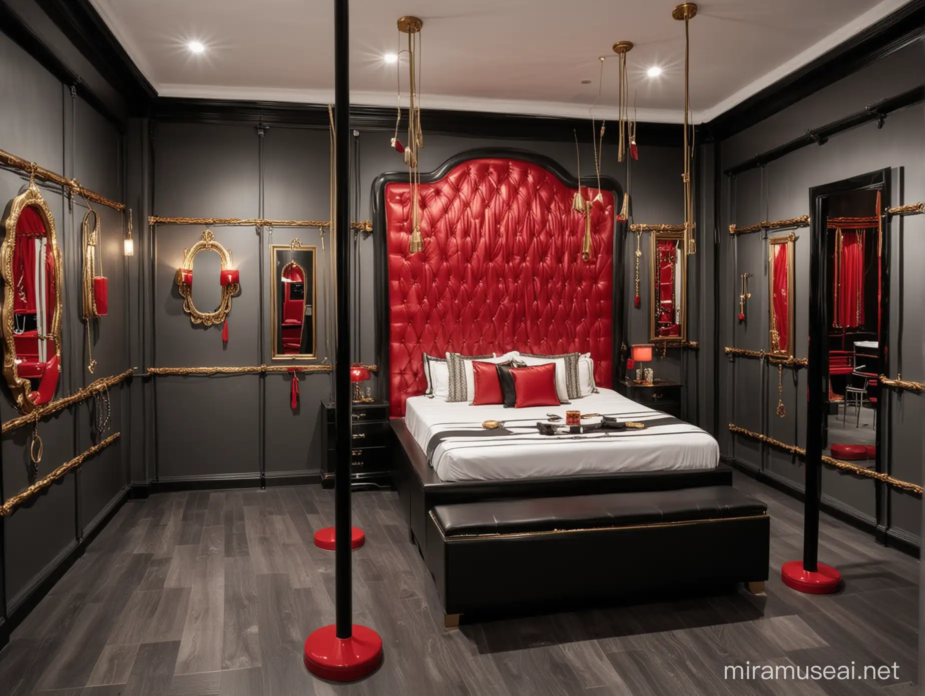 Una habitación de castigo sexual moderna, con vitrinas que contengan todo tipo de juguetes sexuales y látigos, con una cama para castigos sexuales, con las paredes blanco y negro, con detalles en rojo y dorado