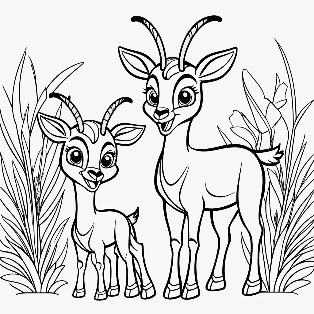 Create a coloring book page for 1 to 4 year olds. A simple cartton cute smiling antelope and its parents with bold outlines. The image should have no shading or block colors and very little background, make sure the animal fits in the picture fully and just clear lines for coloring.