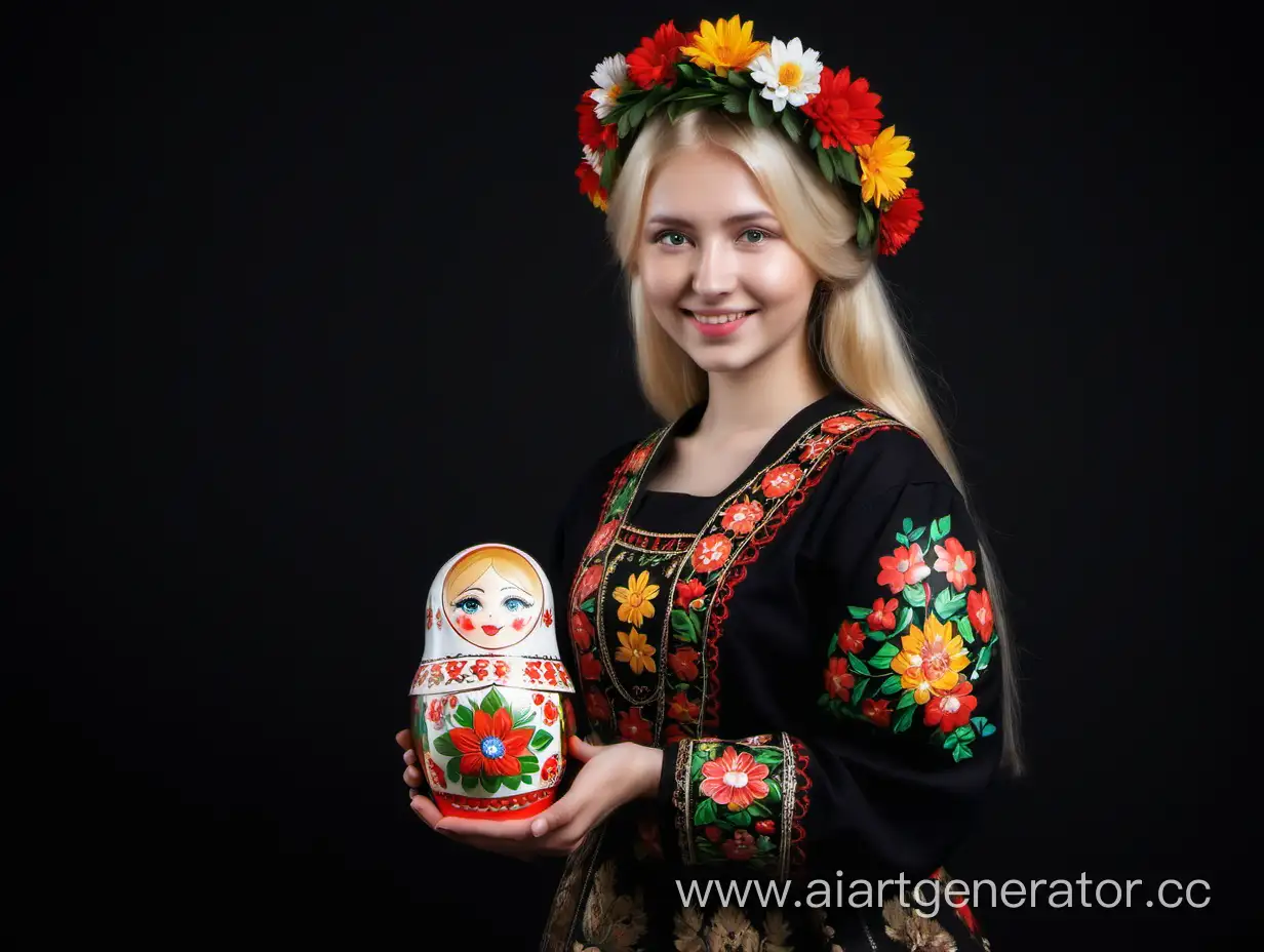 девушка модель блондинка 25 лет стоит на черном фоне  в национальной русской одежде держит в руках матрешку , улыбается а на голове венок с цветами 