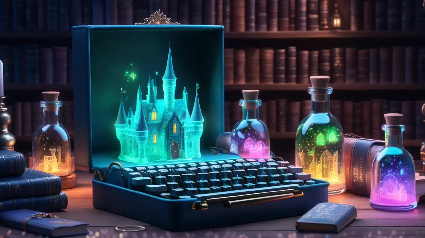 Enchanted Library Glowing Keys and Iridescent Castles Typewriter Art