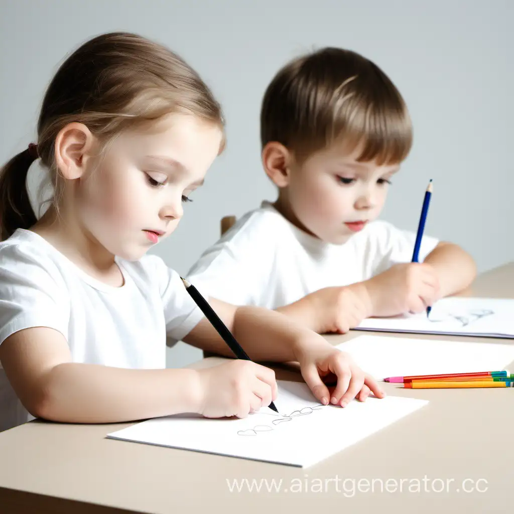 Белокожие Дети сидят за партой, пишут, рисуют