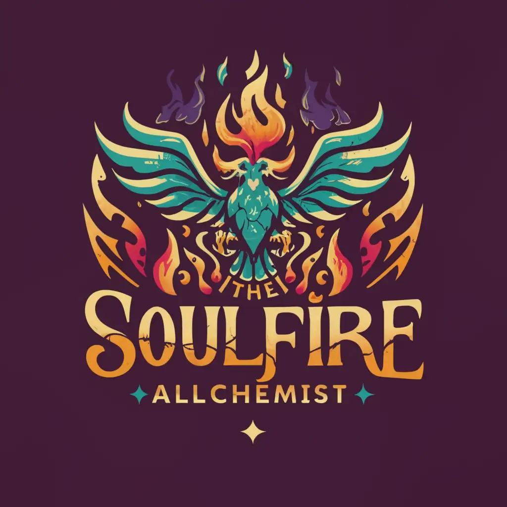 a logo design,with the text "The Soulfire Alchemist", main symbol:Imagery Teal, gold, purple

 A mix of dynamic natural textures (flames, water, rough stone), figures in transformative poses (reaching upwards, breaking free), and subtle use of alchemical symbols.
Subtlety is Key: Integrate alchemical references tastefully, avoiding anything too literal or cliché,,complex,be used in Restaurant industry,clear background