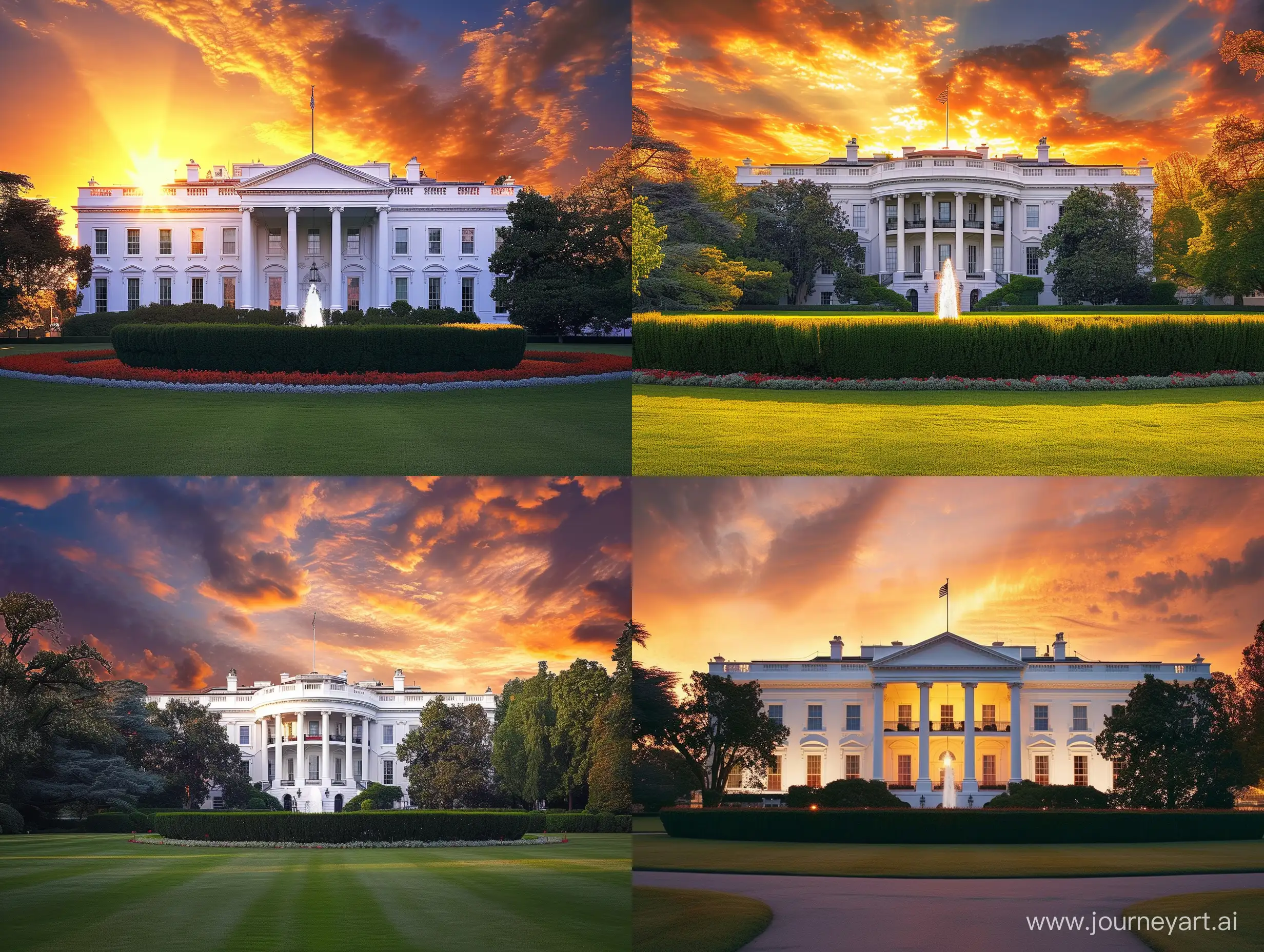 A cinematic wide, zoomed out photo of The White House at sunset