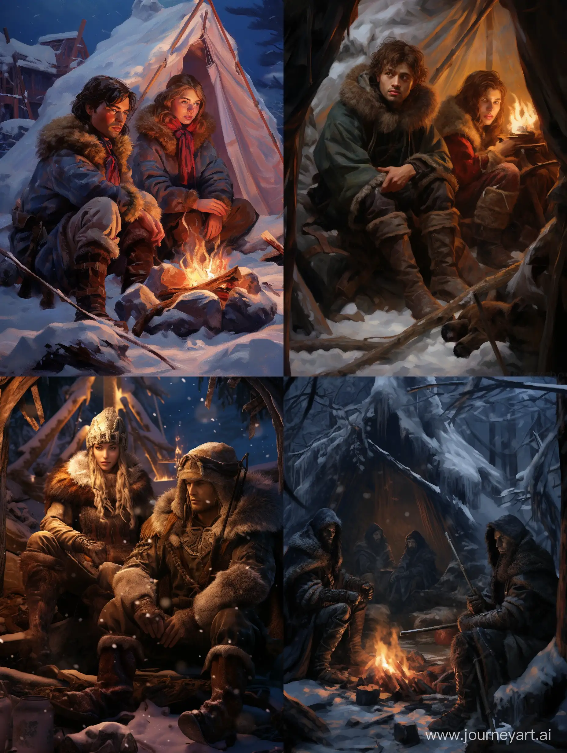 WornOut-Fantasy-Hunters-Resting-by-Campfire-in-Winter-Wilderness