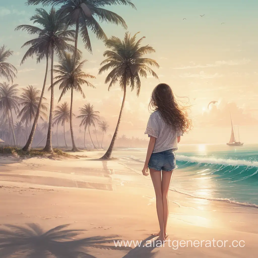 Утро, море, пляж, пальмы, девушка