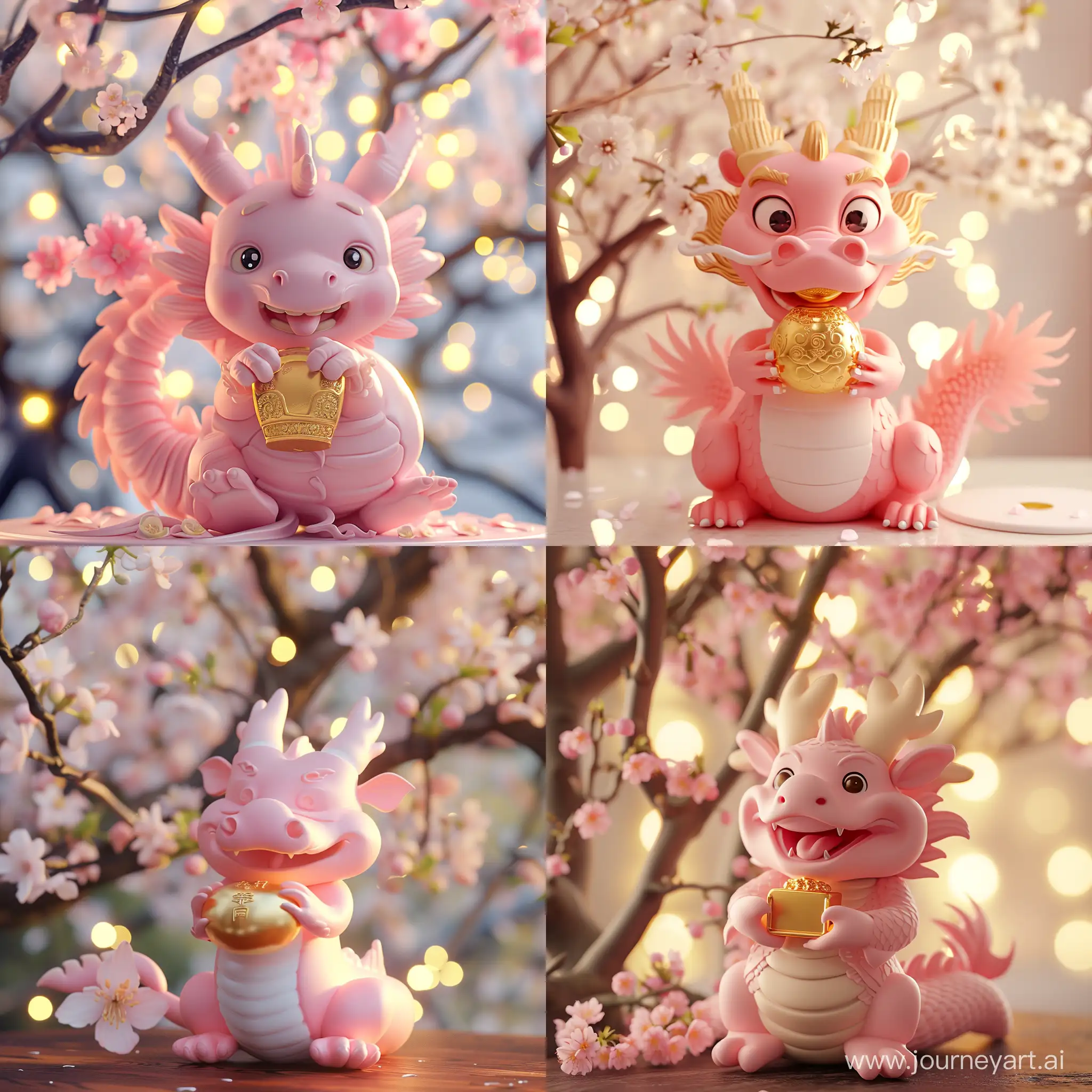 Pink Cute traditional 3D Chinese Dragon with gentle smile. Holds a gold ingot. Background bokeh spring blossoms.