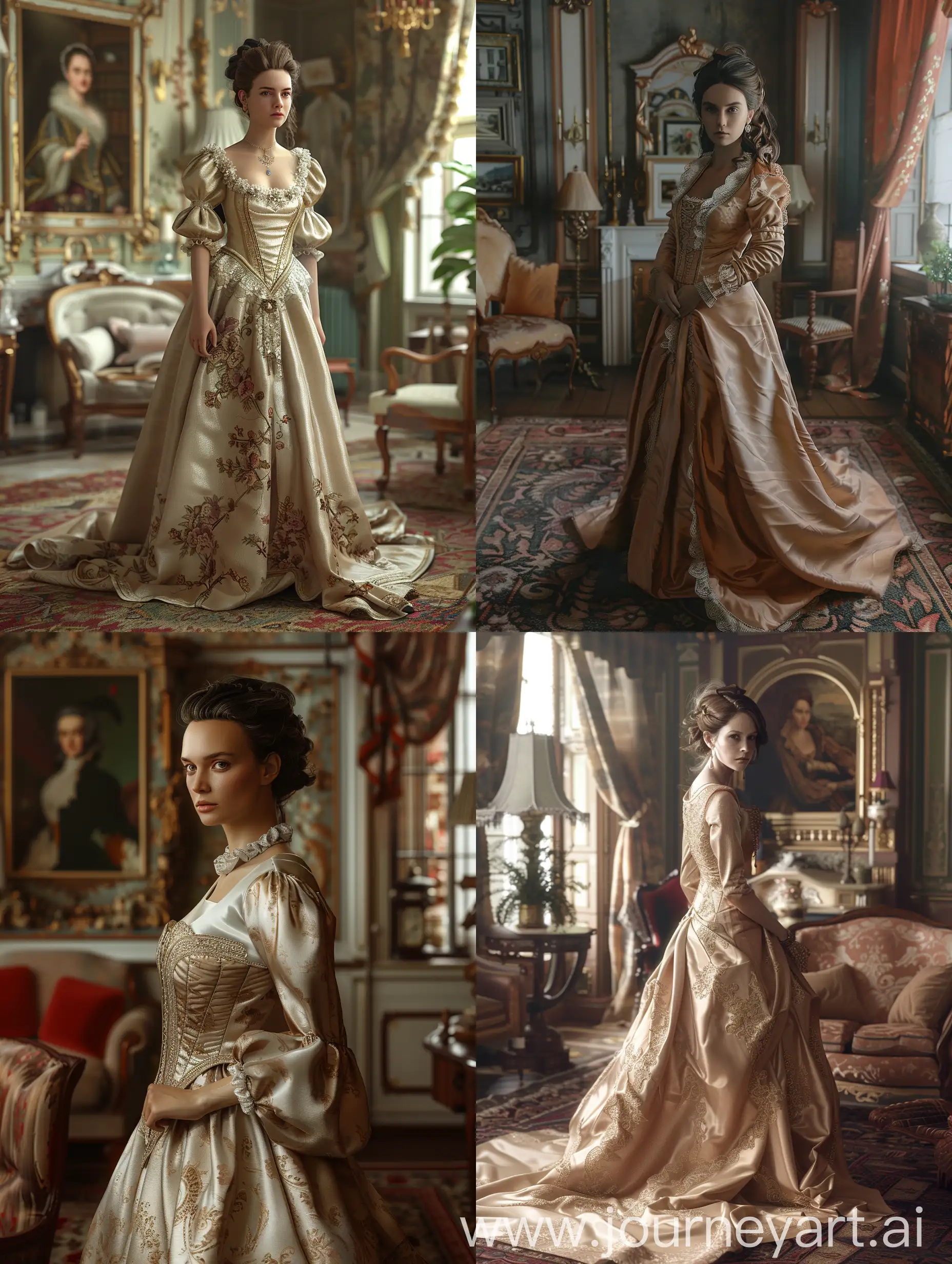 /imagine prompt: A high-resolution, photorealistic portrait of a woman, intricate skin details, wearing an elegant silk gown, standing in a lavish Victorian parlor. Rich textures in clothing and background, soft ambient lighting, deep focus. Created Using: high-definition camera, natural light simulation, detailed fabric rendering, depth of field control, historical fashion research, texture emphasis, color grading, mood setting, hd quality, natural look --ar 3:4 --v 6.0
