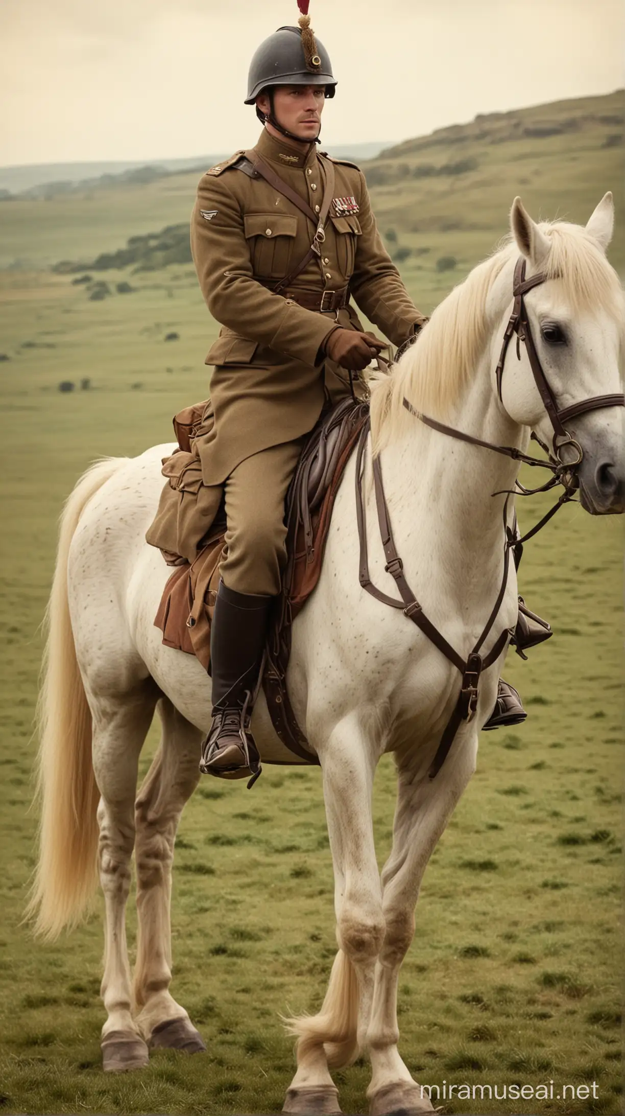 Vintage British Soldier Riding Horseback Through Countryside Landscape