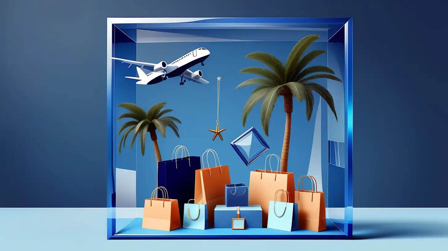 Transparent Blue Square with Palm Tree Shopping Bag Airplane and Jewelry
