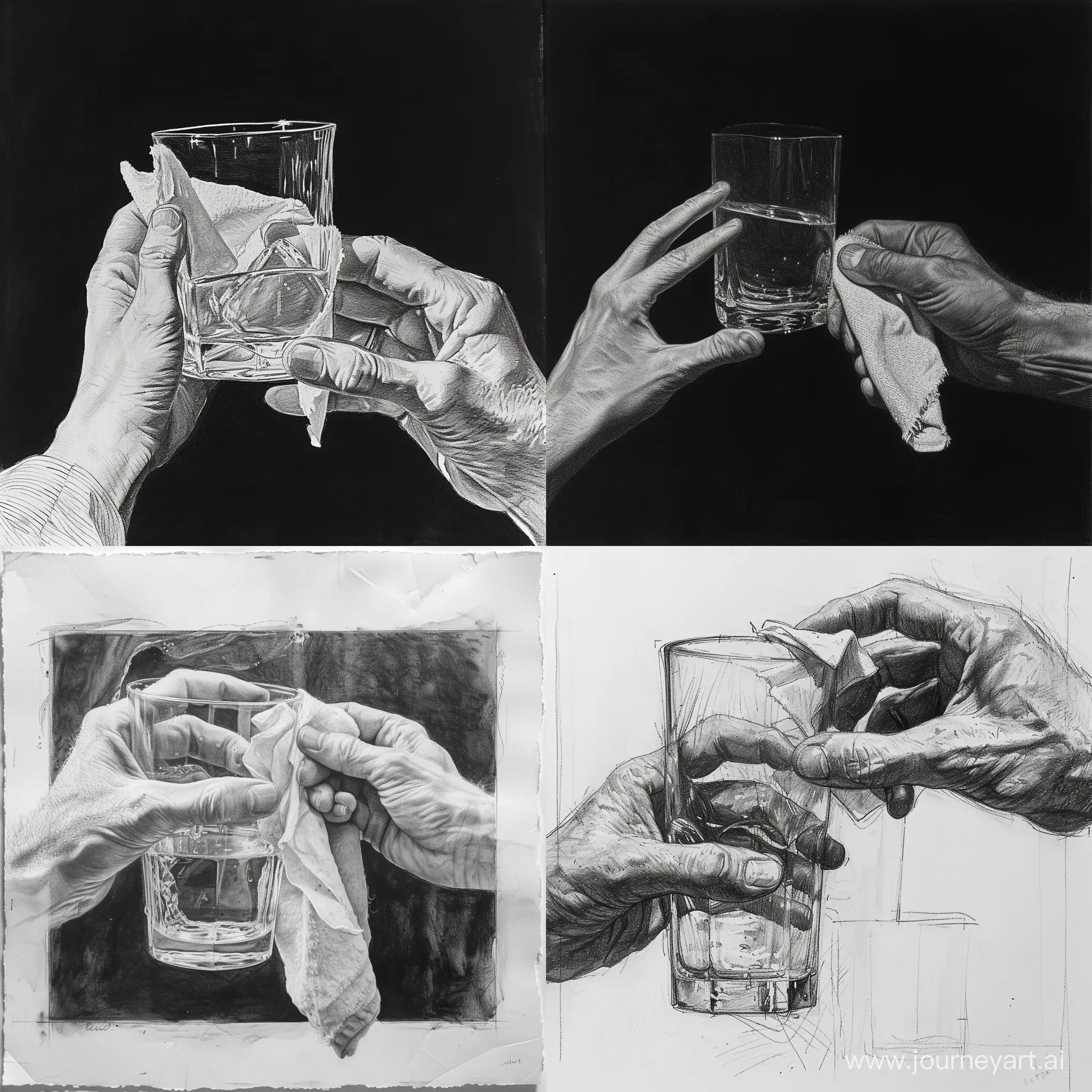 the left hand holds a glass, and the right hand wipes it with a cloth, drawing