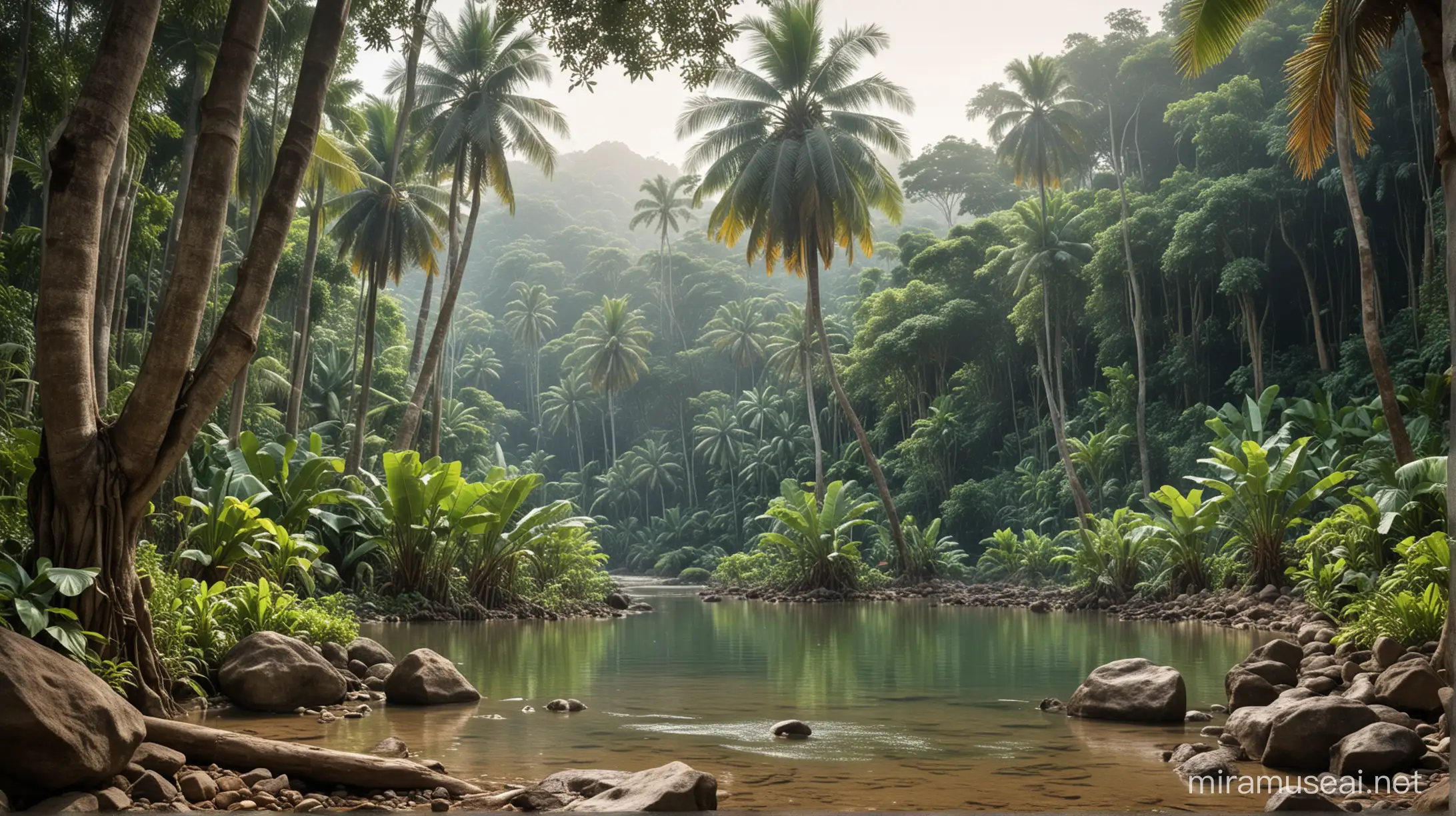 Tranquil Tropical Forest Scene with Waterfall and Banana Trees