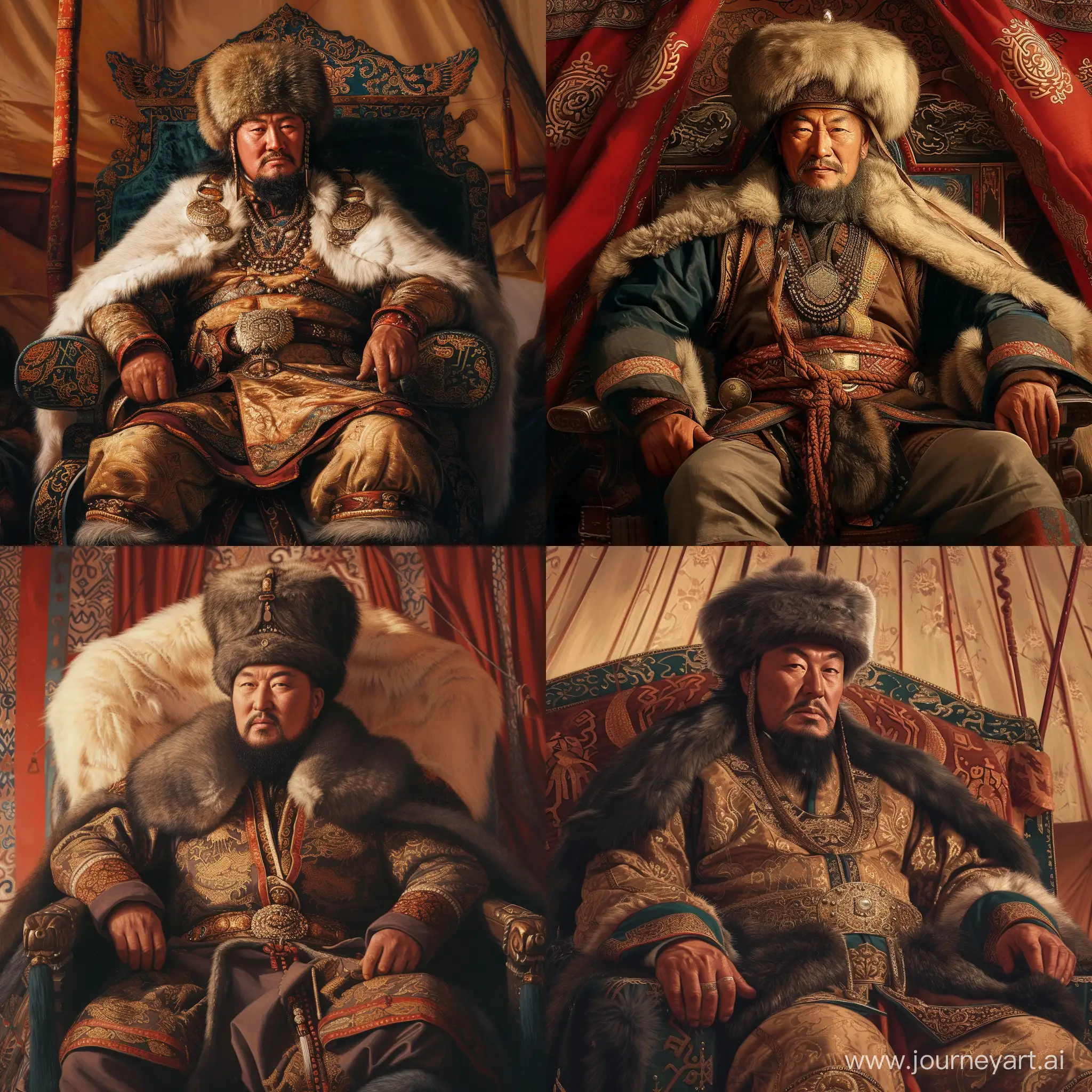 Portrait of Great Mongol Khan Ögedei sitting on his throne in Mongolian tent. He is wearing traditional Khan attire and fur hat. He has Mongolian hairstyle and beard.