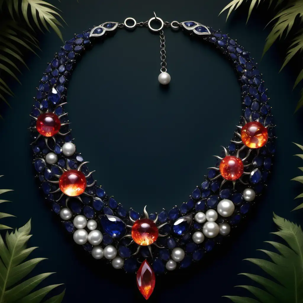 Make a jewellery inspired by a dark jungle where witches are practising fire magic. With sapphires pearls and flows