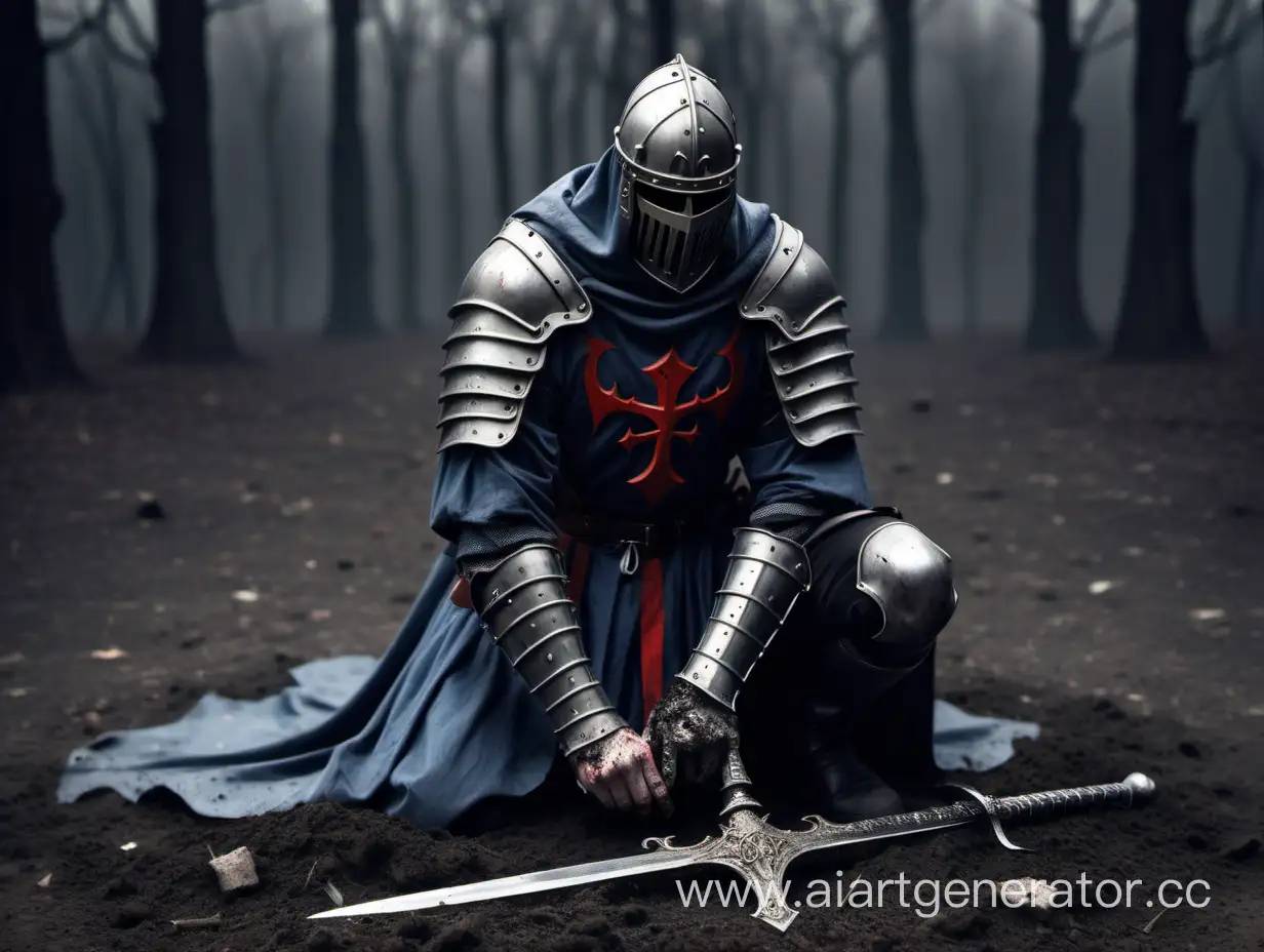 проклятый крестоносец преклонил колено и держит руки на мече воткнутом в землю перед ним