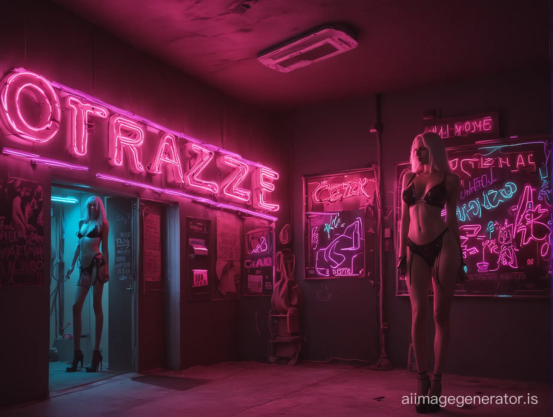 Futuristic CRAYZE XXX neon sign in brothel with more beautiful prostitutes waiting for customers