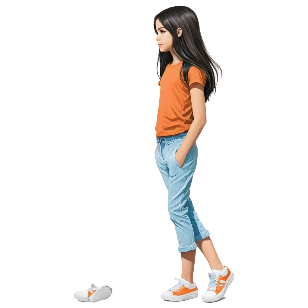 A drawing for childrens book. beautiful little girl with white skin, big hazel eyes and long black hair. She is wearing an orange tshirt with blue stripes, light blue cropped pants and white sneakers. She is around 13 years old.  Looking at something behind her. 
