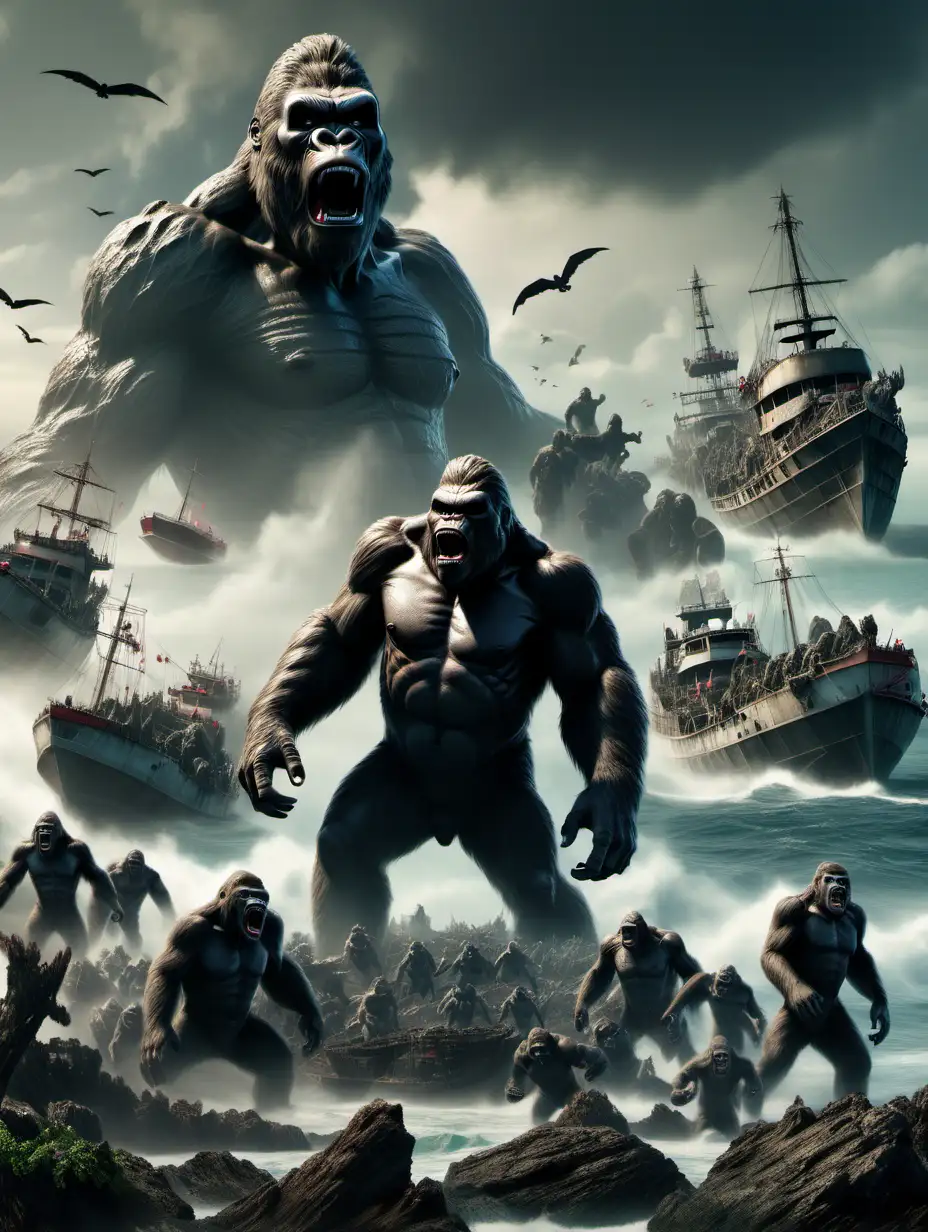 King Kong standing tall with vampires on Skull Island surrounded by ships washed up on rocks in a hurricane