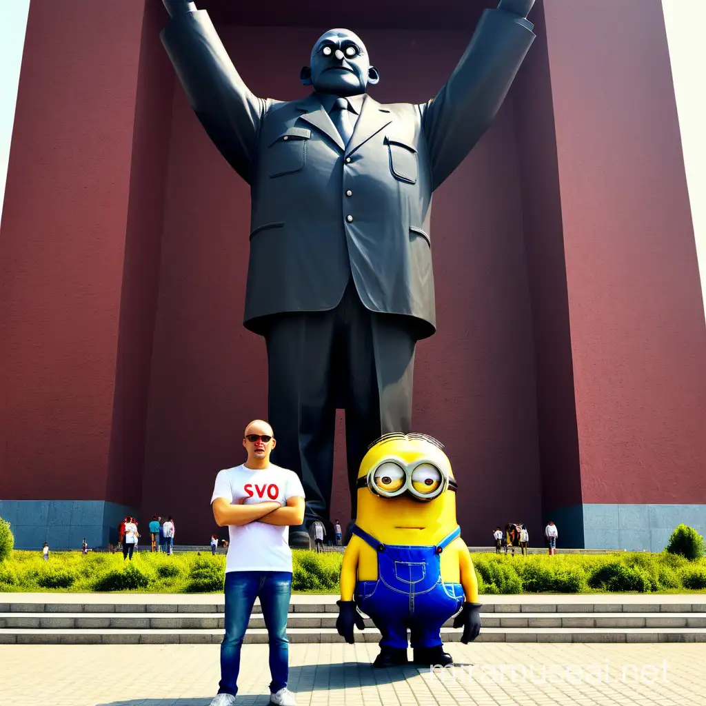 minion is standing in front of the lenin monument. minion is enormously big and his face is extremely confident. he wears a t-shirt with the letters SVO on it