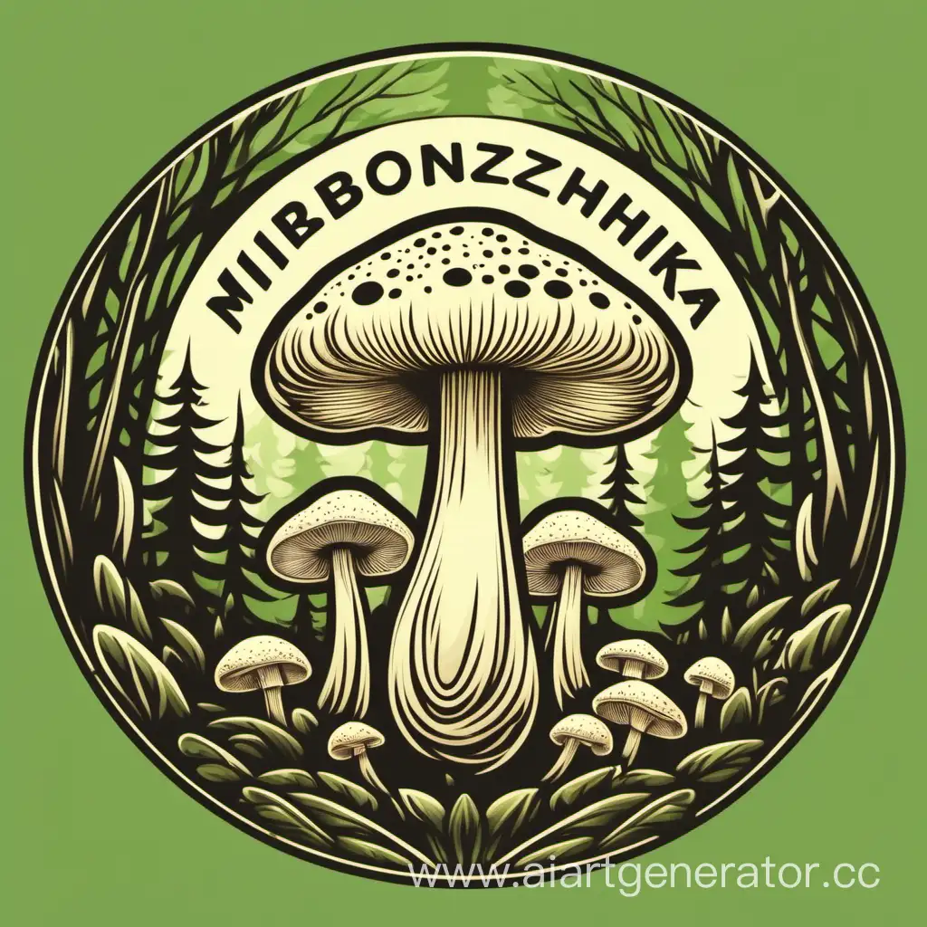 логотип компании по производству продукции грибов, мицелия, с названием GRIBONOZHKA, в центре гриб молочного цвета, лес на фоне в круге 