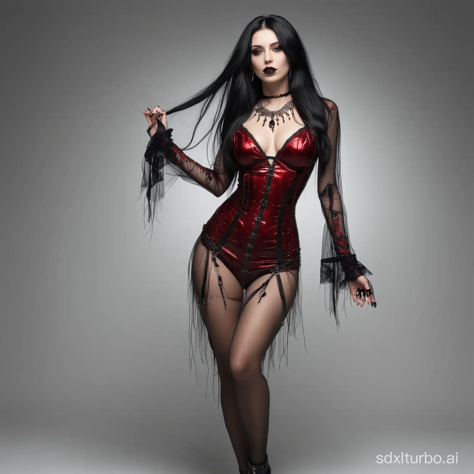 Sexy goth woman
full body picture transparent dark red longerine, Silver jewelry, black lipstick, long black hair
