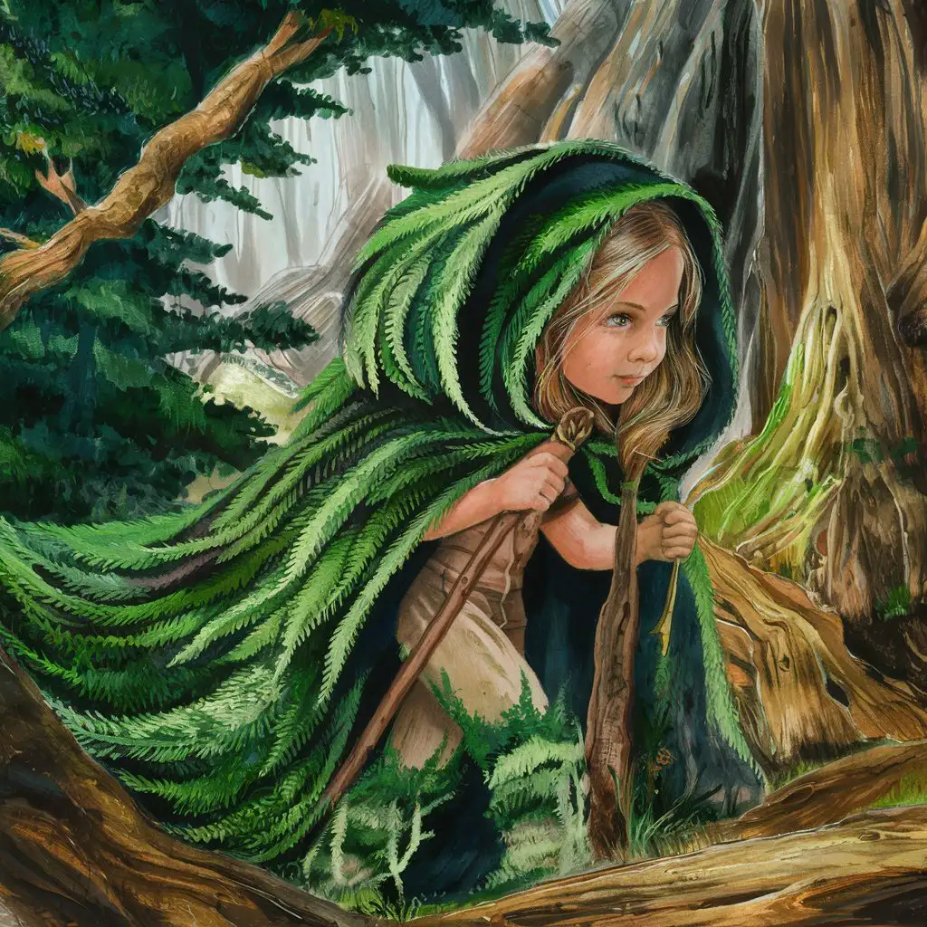 A little girl wearing a cloak that mirrors the trees of the forest exploring the wild in the forest