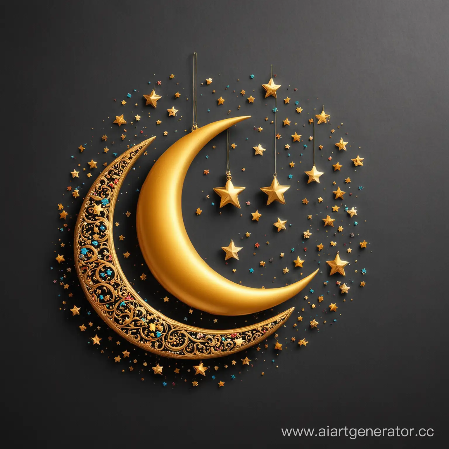 happy and colorful Eid Mubarak stars and golden moon on white background 