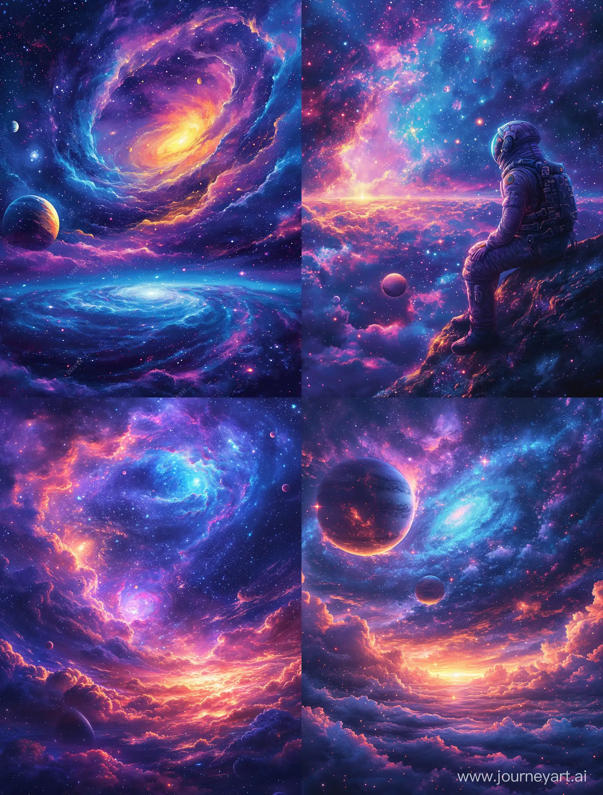 Create an image of a celestial sky with a galaxy theme, featuring swirling nebulas, twinkling stars, and distant planets in vibrant colors like purples, blues, and pinks. The design should capture the vastness and beauty of space --ar 71:93 --stylize 750 --v 6