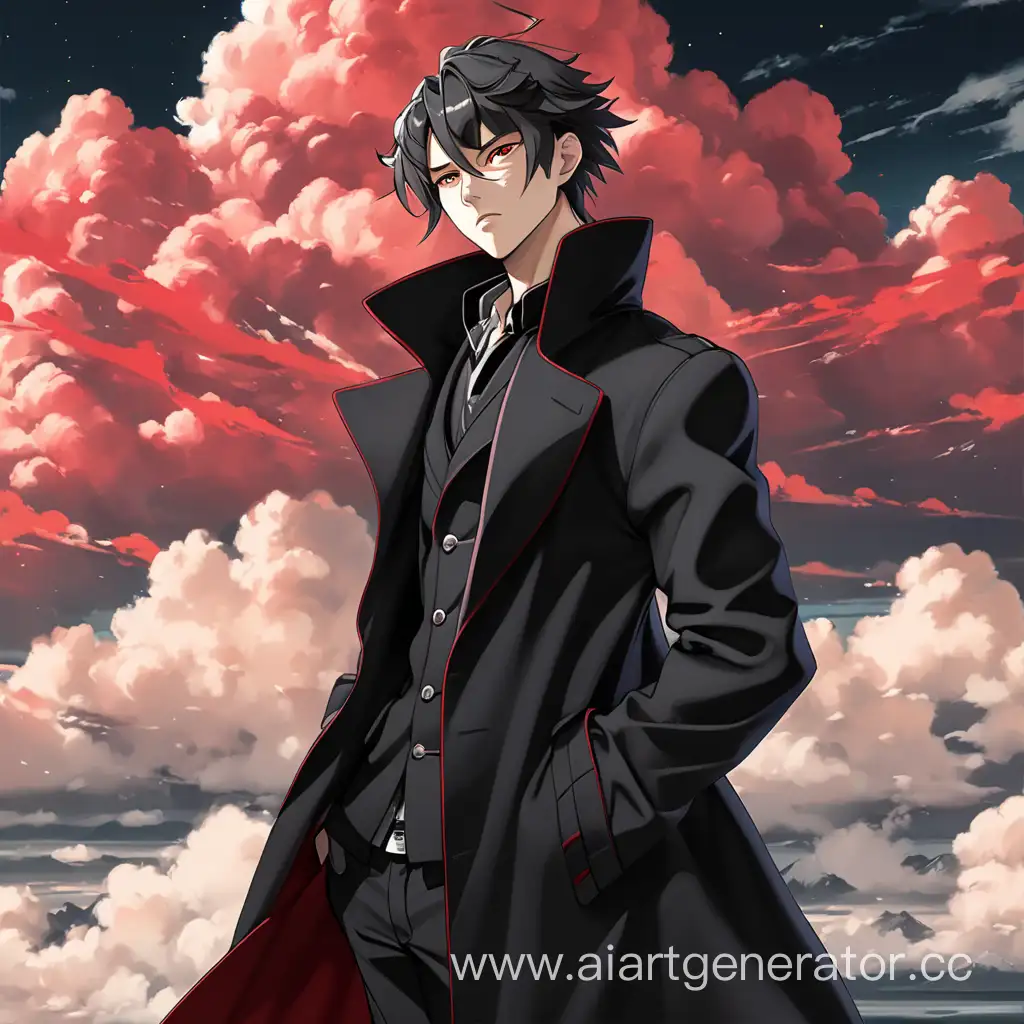 красивый парень в черном плаще с красными облаками в полный рост аниме стиль