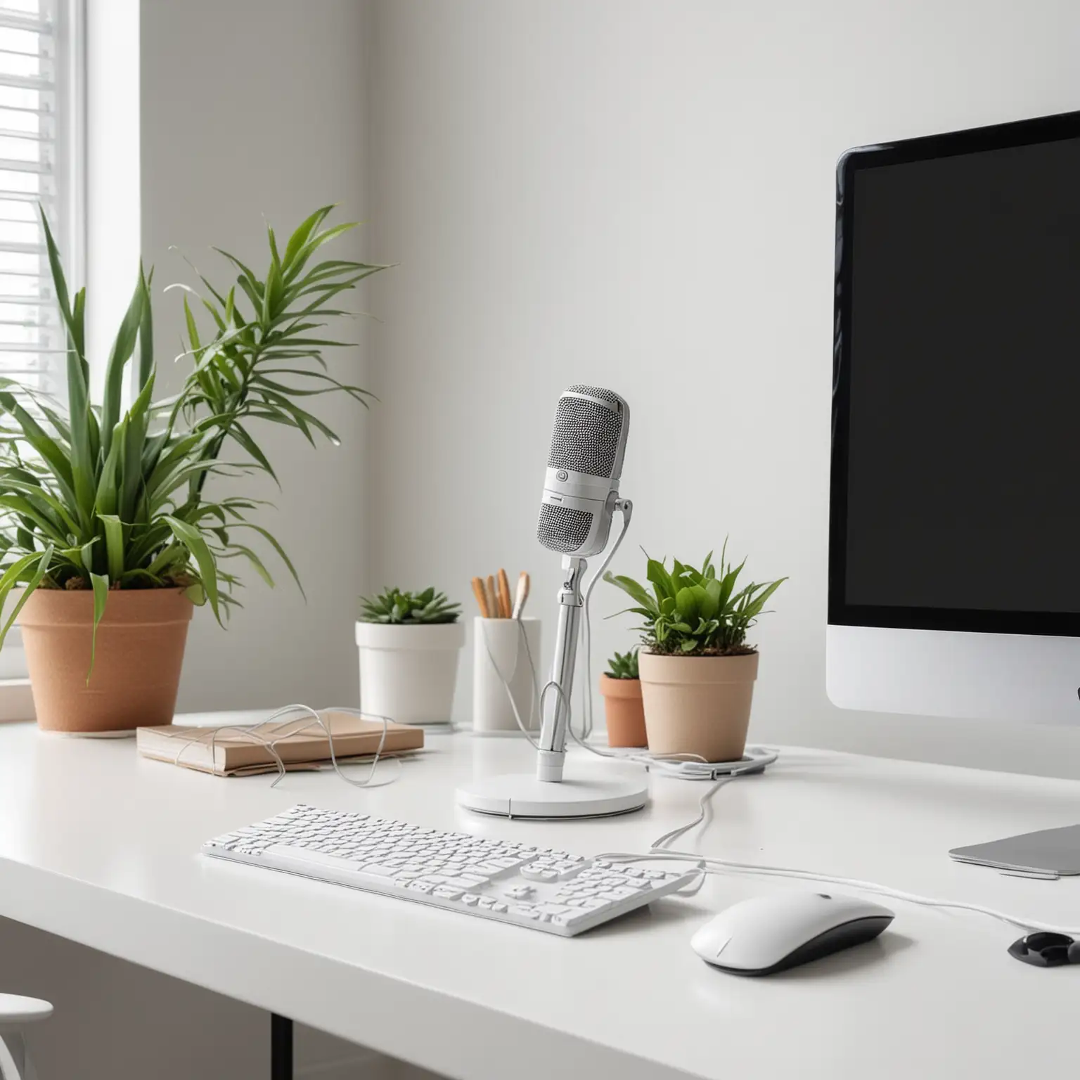 Podcast Mic in Modern White Office with Plants and Desktop Computer