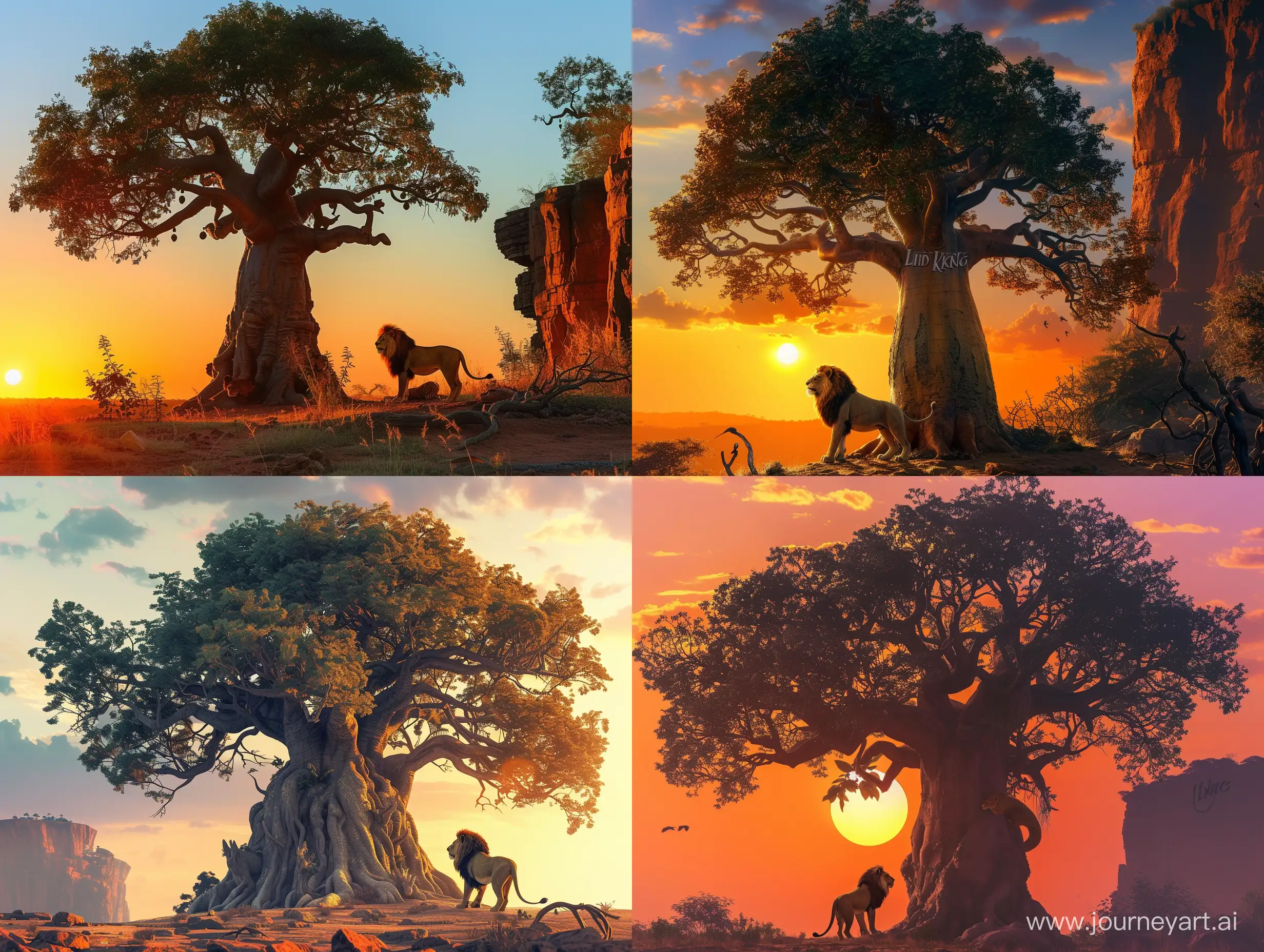 lion king sunrise in the background. There is an average sized baobab tree in the middle. There is a lion standing next to the tree. Also there is the signature lion king cliff on the side of the picture.