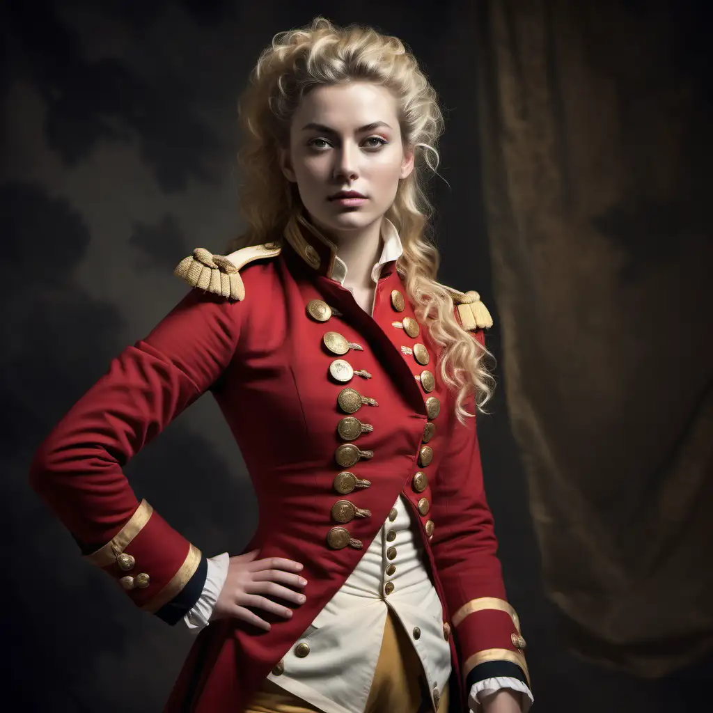 military portrait, cinematic, 
18th century epaulette, 
two rows of gold buttons on 18th century red military uniform, 
handsome young sexy woman, 
long blonde  wavy hair, full body portrait, nude feet