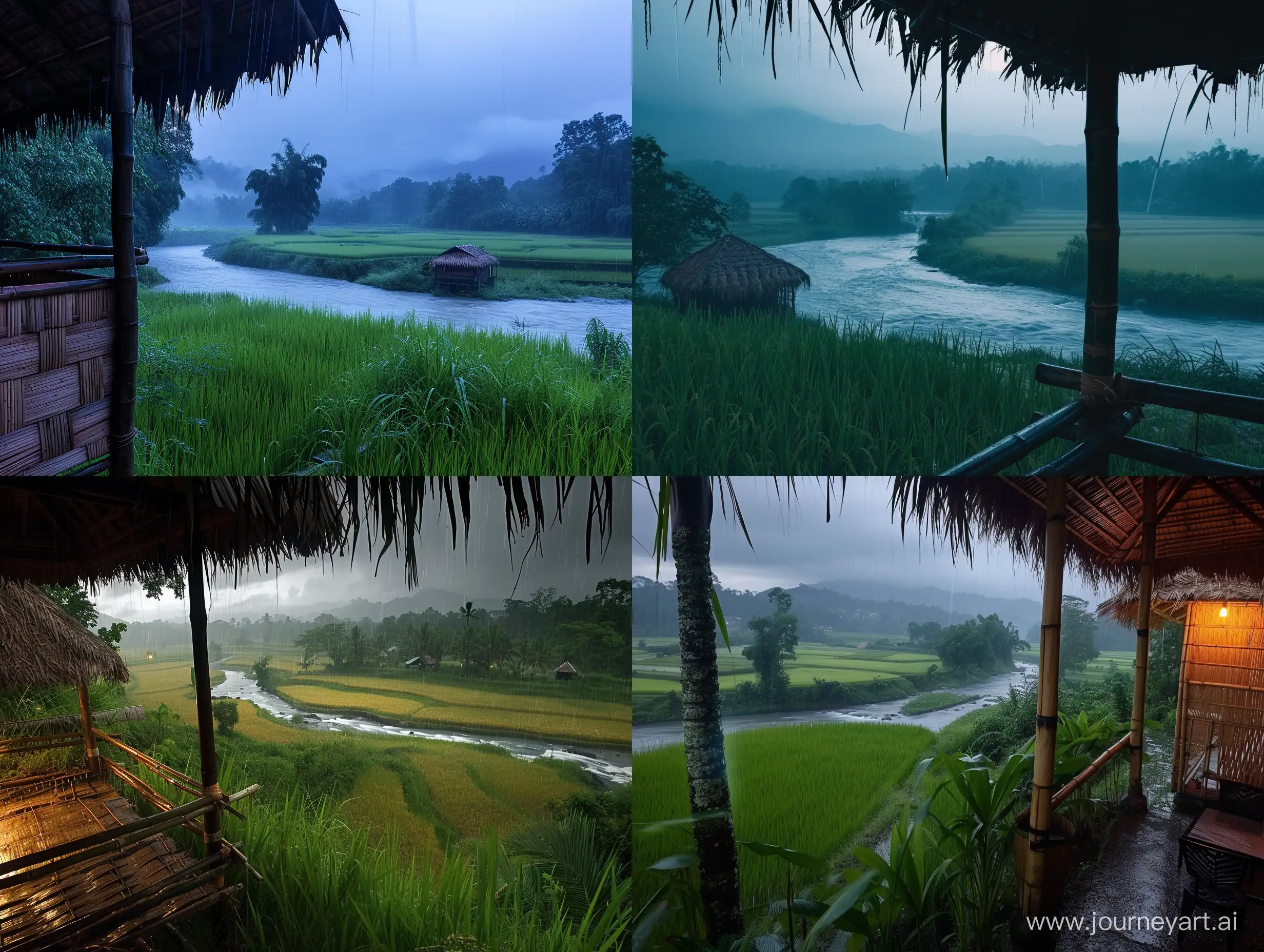 Tranquil-Dusk-Scene-Bamboo-Hut-in-Drizzling-Rain-by-the-Riverside