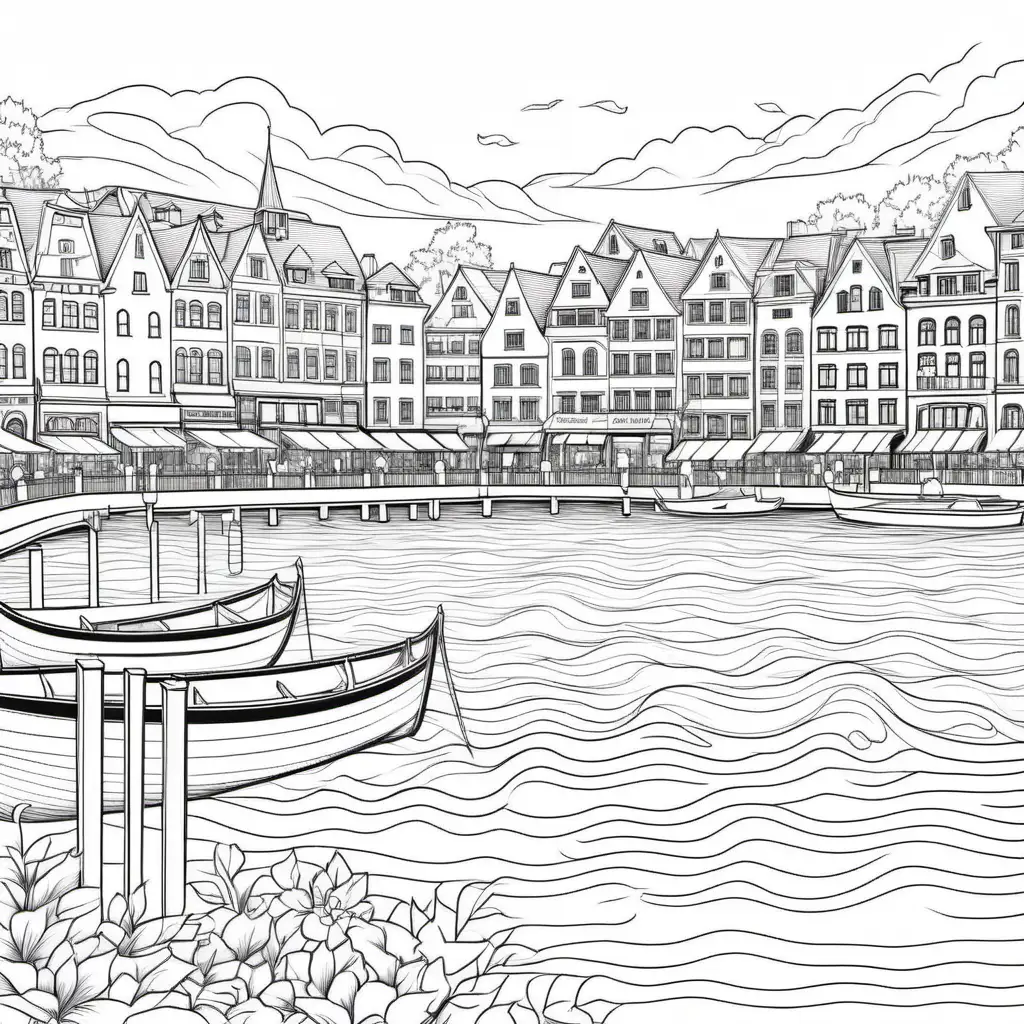 Serene Adult Coloring Page Lake Zurich in Old Town Black and White Line Art