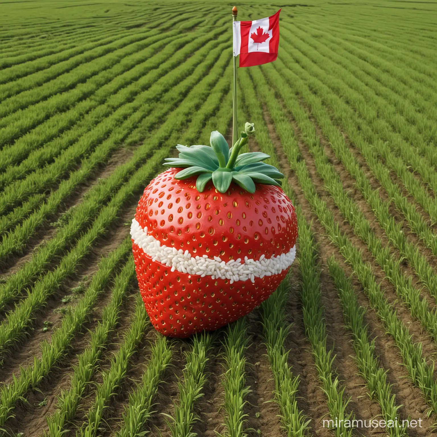 Buatkan gambar, buah stawbery raksasa,dengan tema bendera kanada, latar belakang sawah 