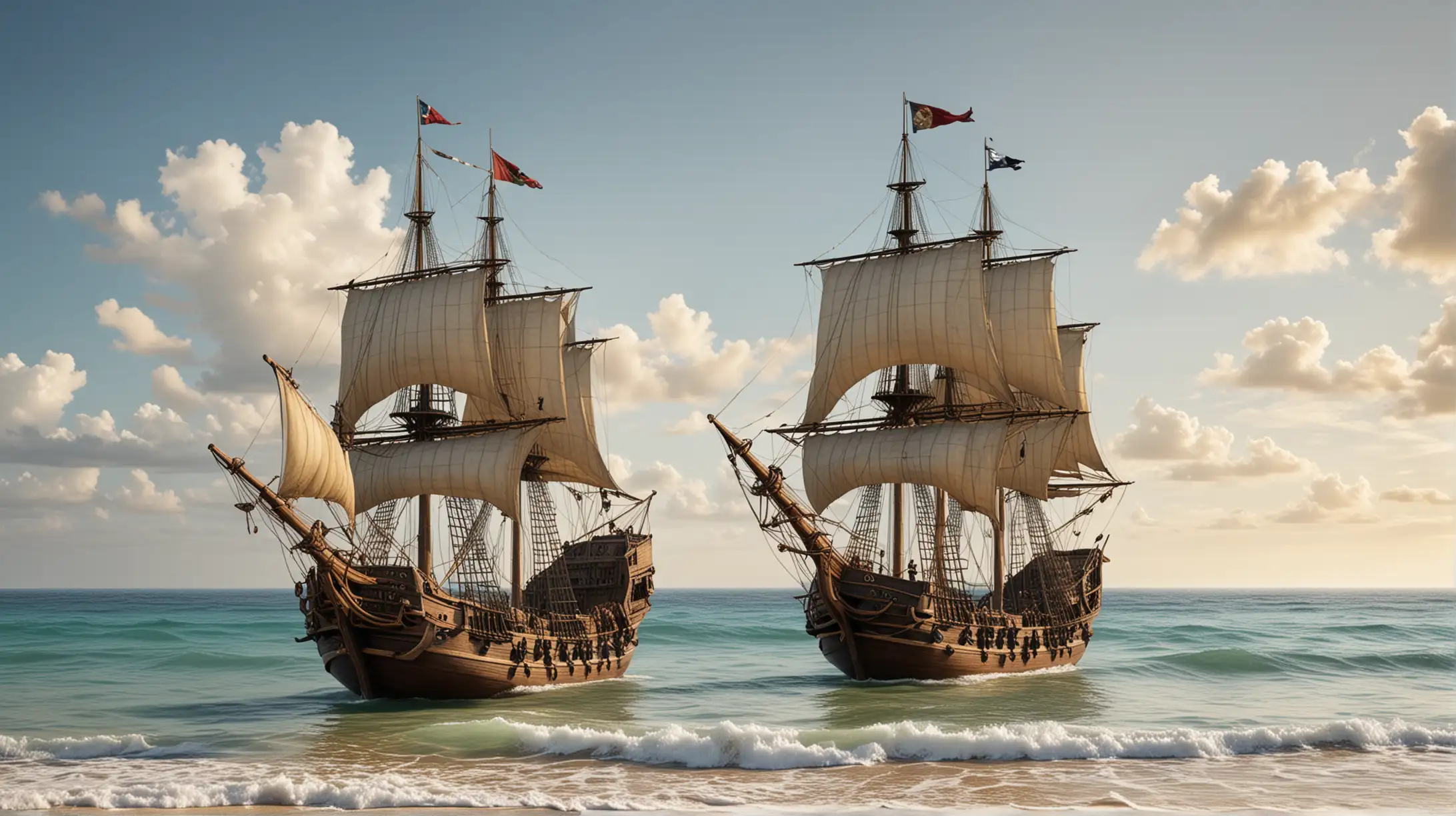 trois bateaux caravelles, au mouillage, christophe colomb et quelques conquistador foulent une plage paradisiaque, photographie, réaliste
