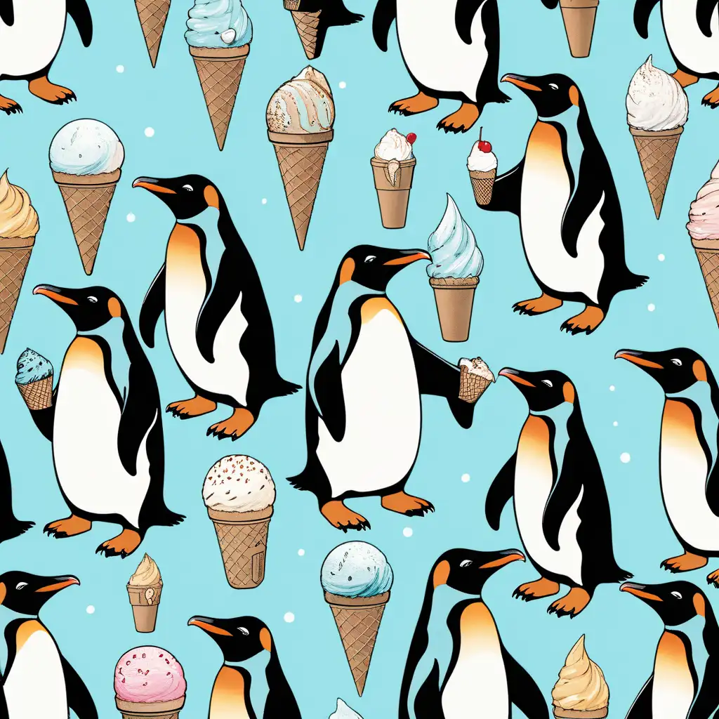 Playful Penguins with Ice Cream Cones on Light Blue Background