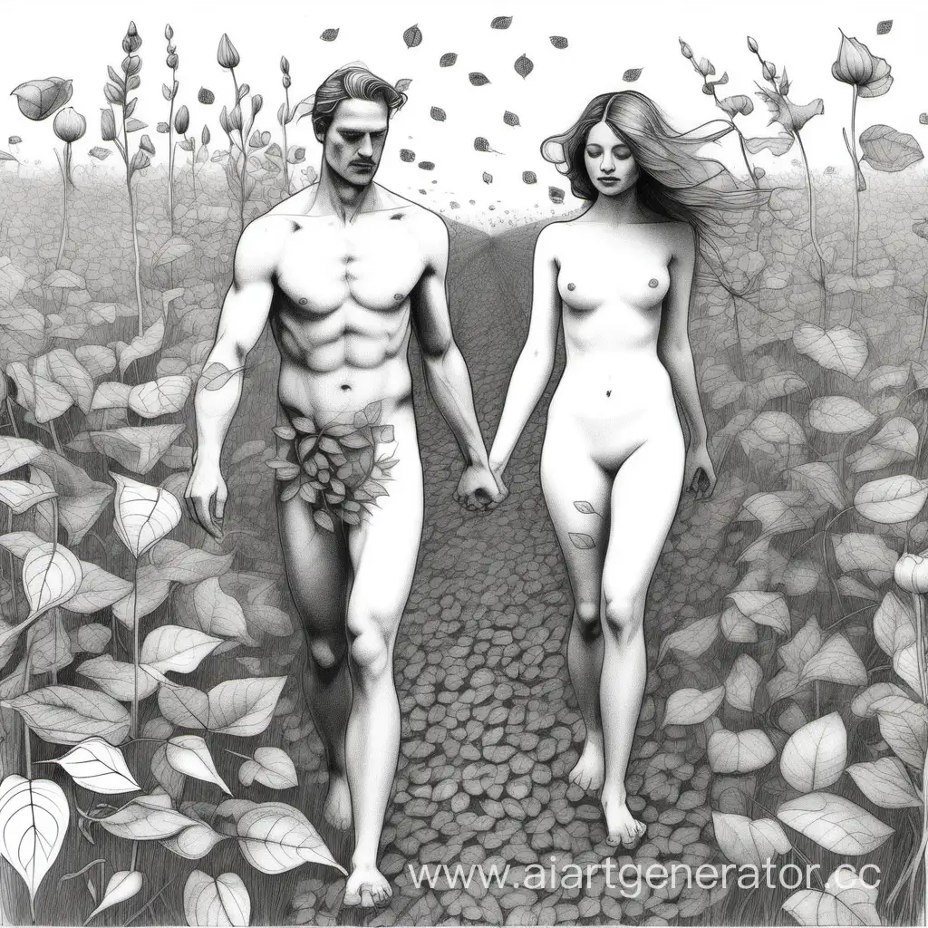 Nude-Couple-Strolling-Through-Blossoming-Meadow-with-Leaf-Adornments-Pencil-Drawing