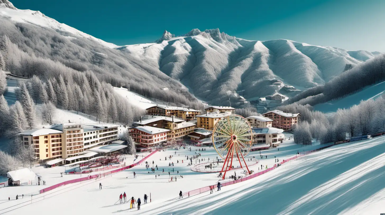 an italian ski resort with a carousel at the bottom of ski lift and skiers heading down hill