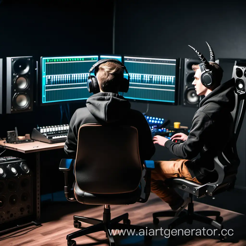 звукорежиссер на студии сидит в игровом кресле и микширует песню сидит спиной к экрану (задом) полностью повернут лицом к мониторам молодой парень в худи (черное) капюшон на голове с рожками 