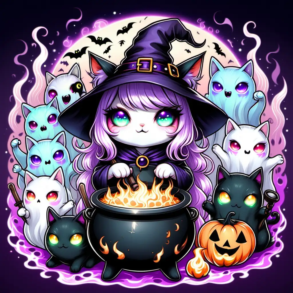 Charming Witchy Cat Conjuring Magic with Pastel Goth Chibi Ghosts