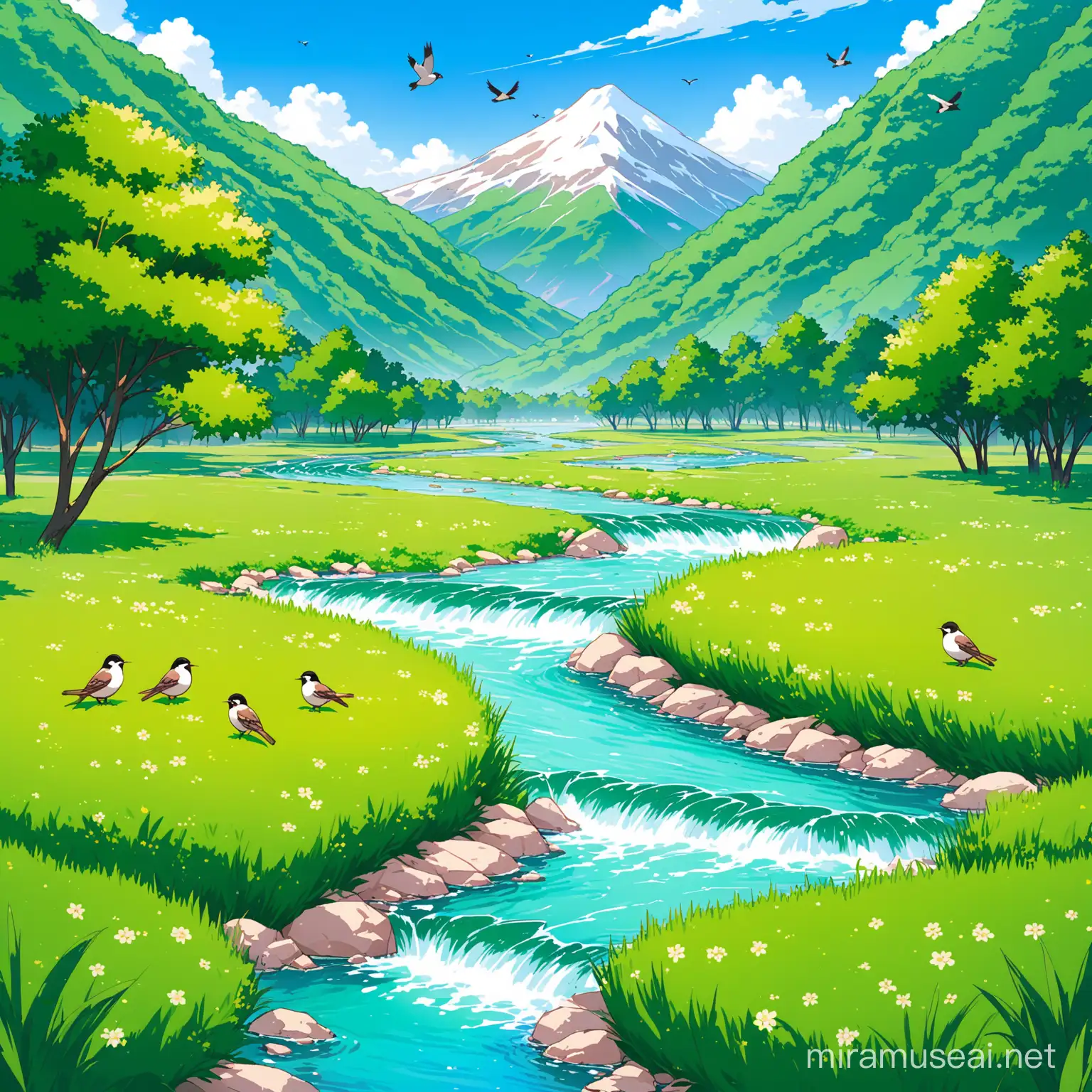 Tranquil Mountain Stream with Lush Greenery and Soaring Birds