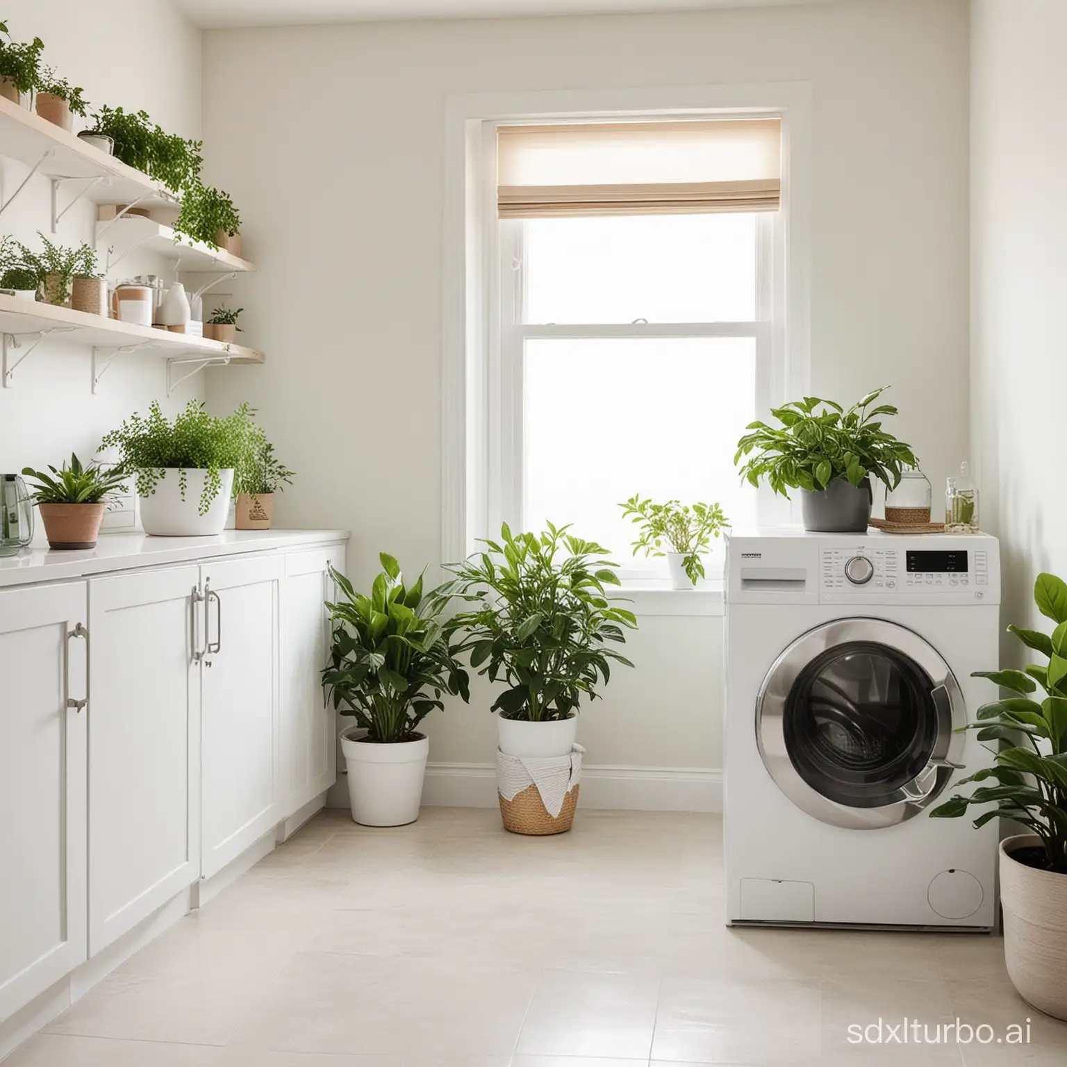 American-style laundry room, including a pot of green plants, a washing machine, light background, minimalist style